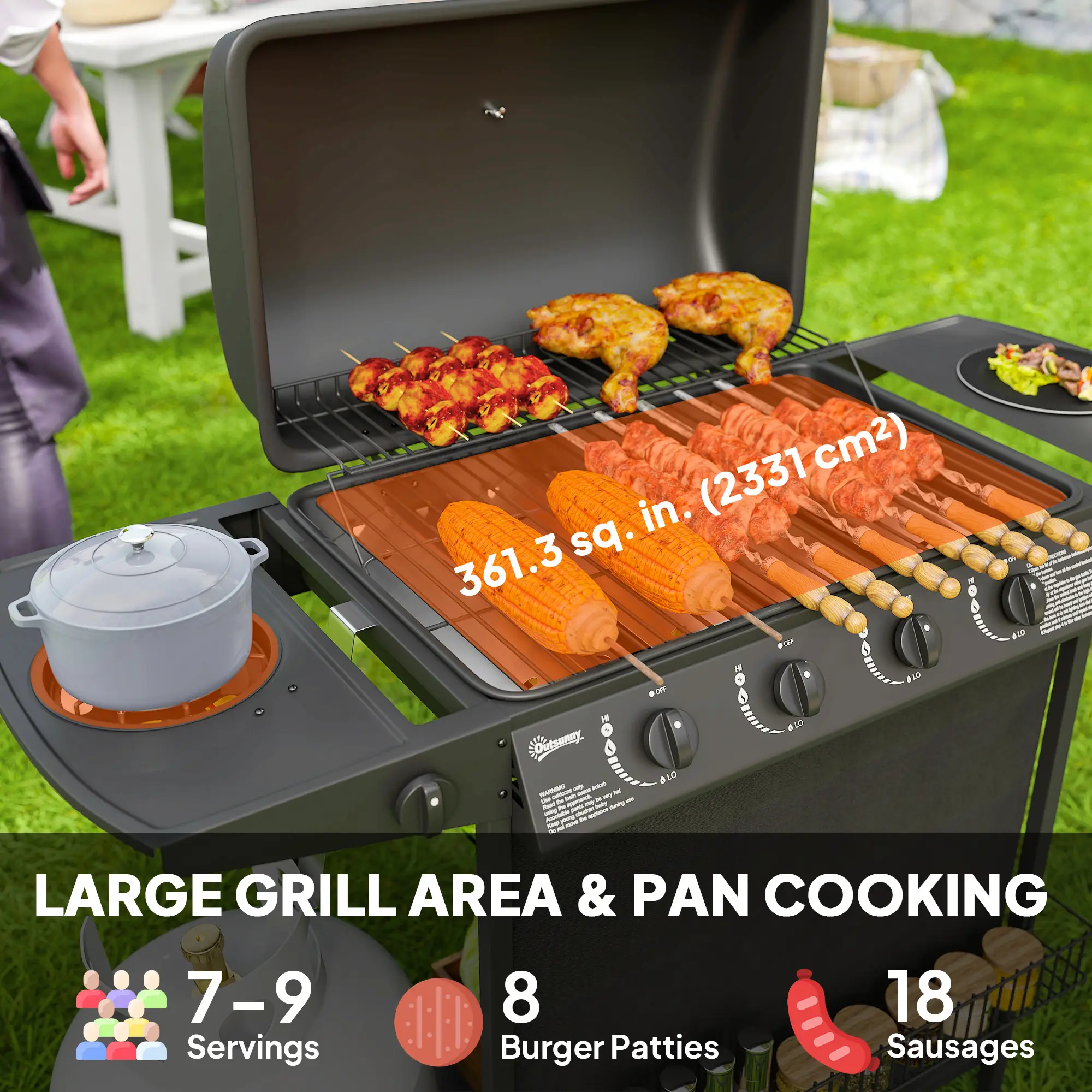 4+1 Burner Propane Gas BBQ Grill, Portable With Side Burner, Thermometer, Black - Image 4