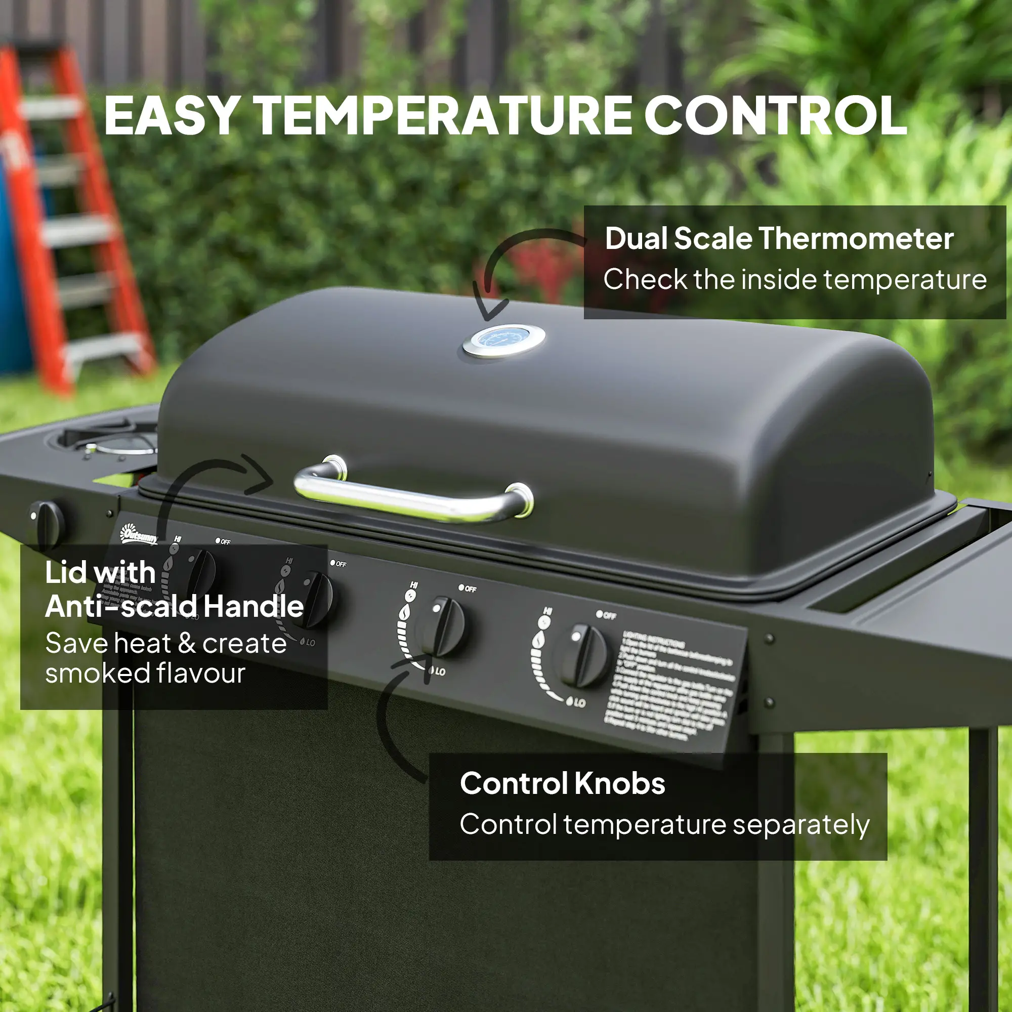 4+1 Burner Propane Gas BBQ Grill, Portable With Side Burner, Thermometer, Black - Image 5