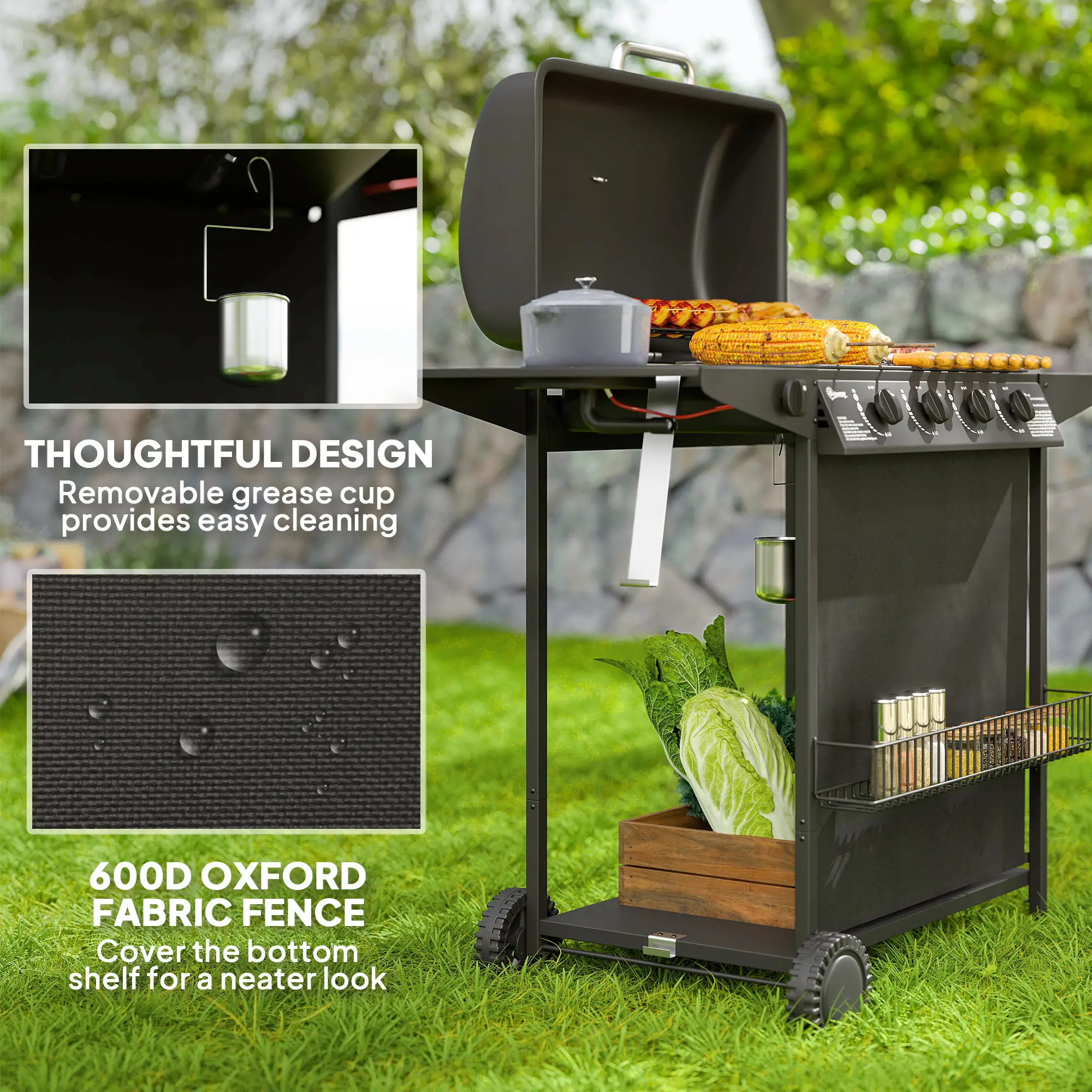 4+1 Burner Propane Gas BBQ Grill, Portable With Side Burner, Thermometer, Black - Image 7