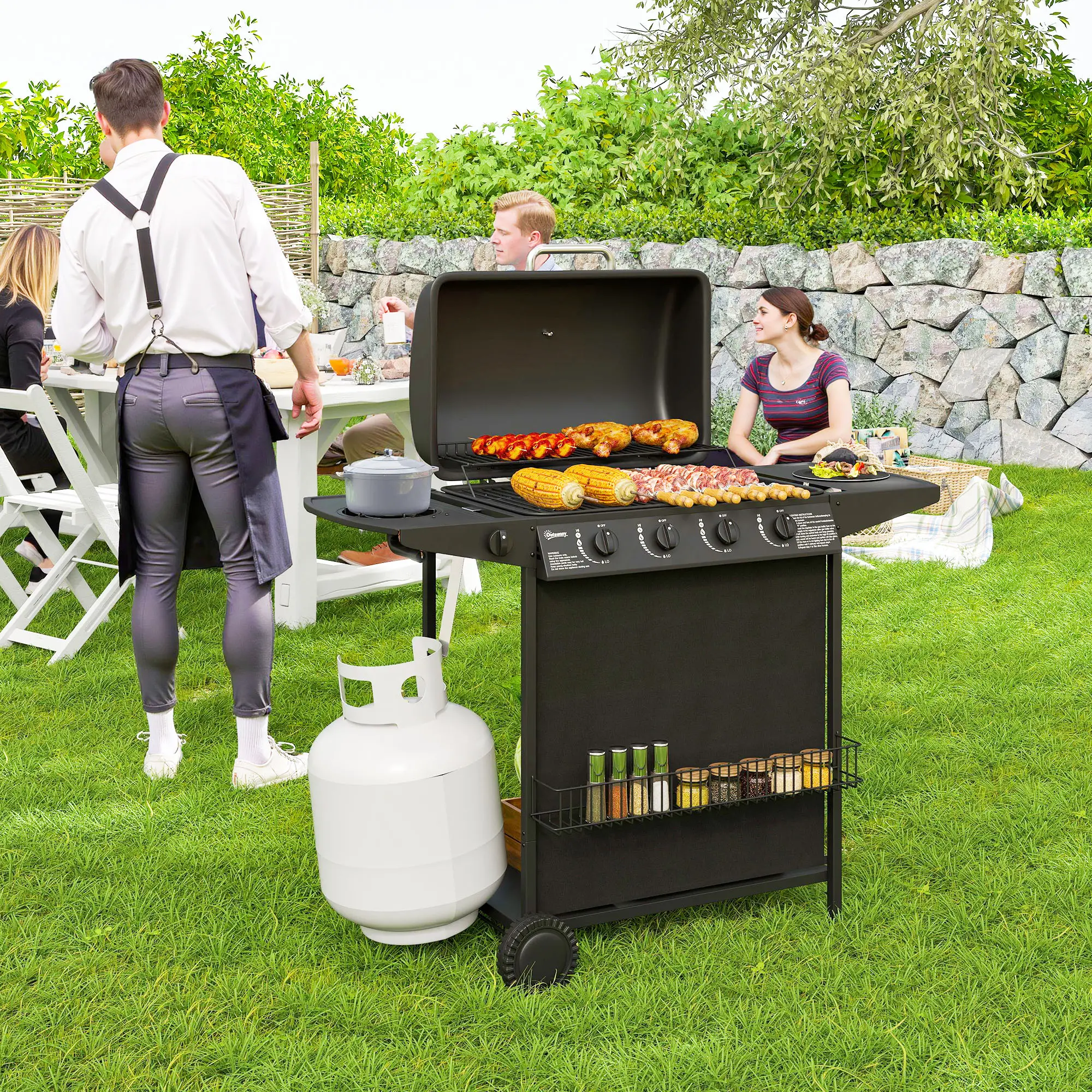 4+1 Burner Propane Gas BBQ Grill, Portable With Side Burner, Thermometer, Black - Image 8