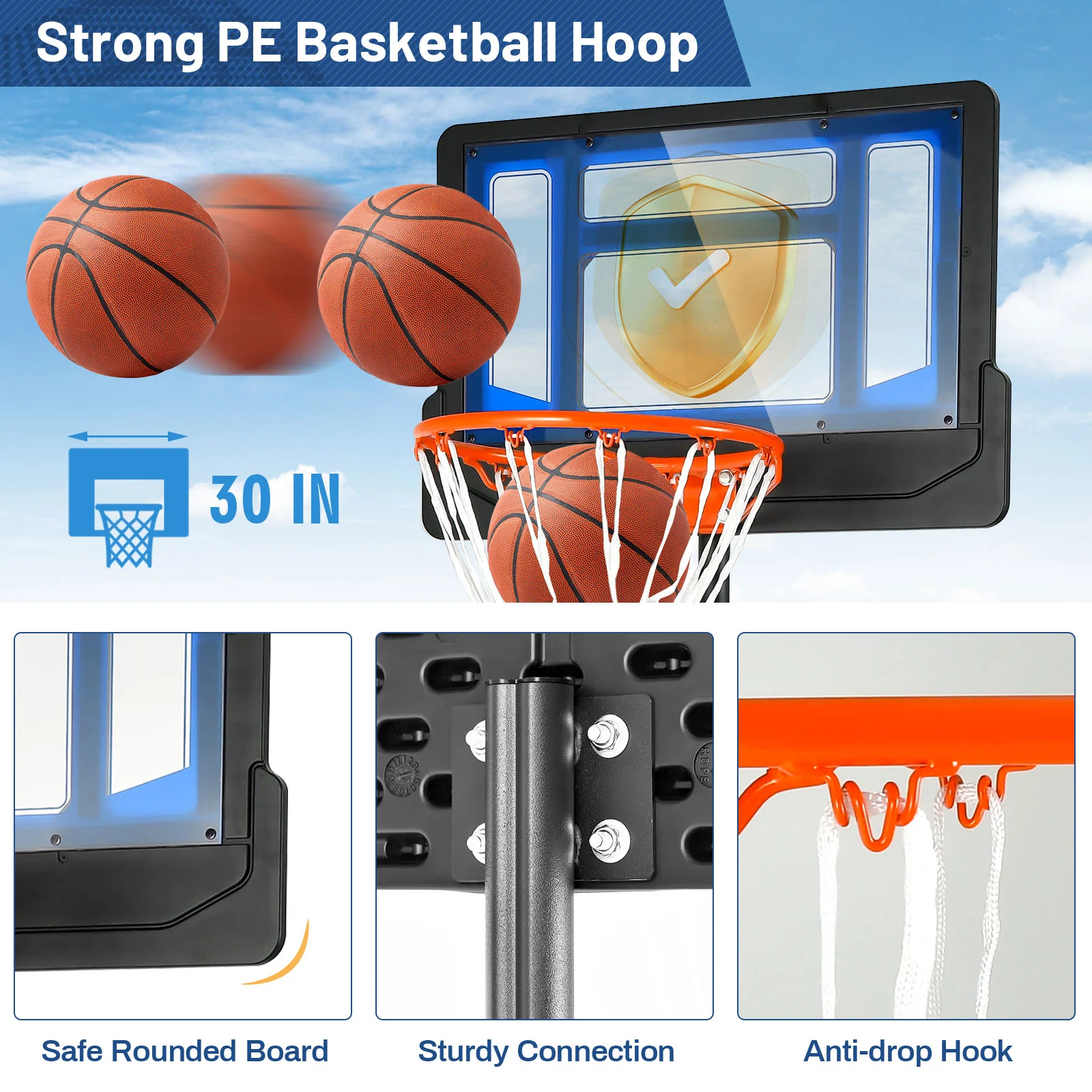 4.3-8.2 Ft Portable Basketball Hoop, Adjustable Height, Wheels, Black Blue - Image 8