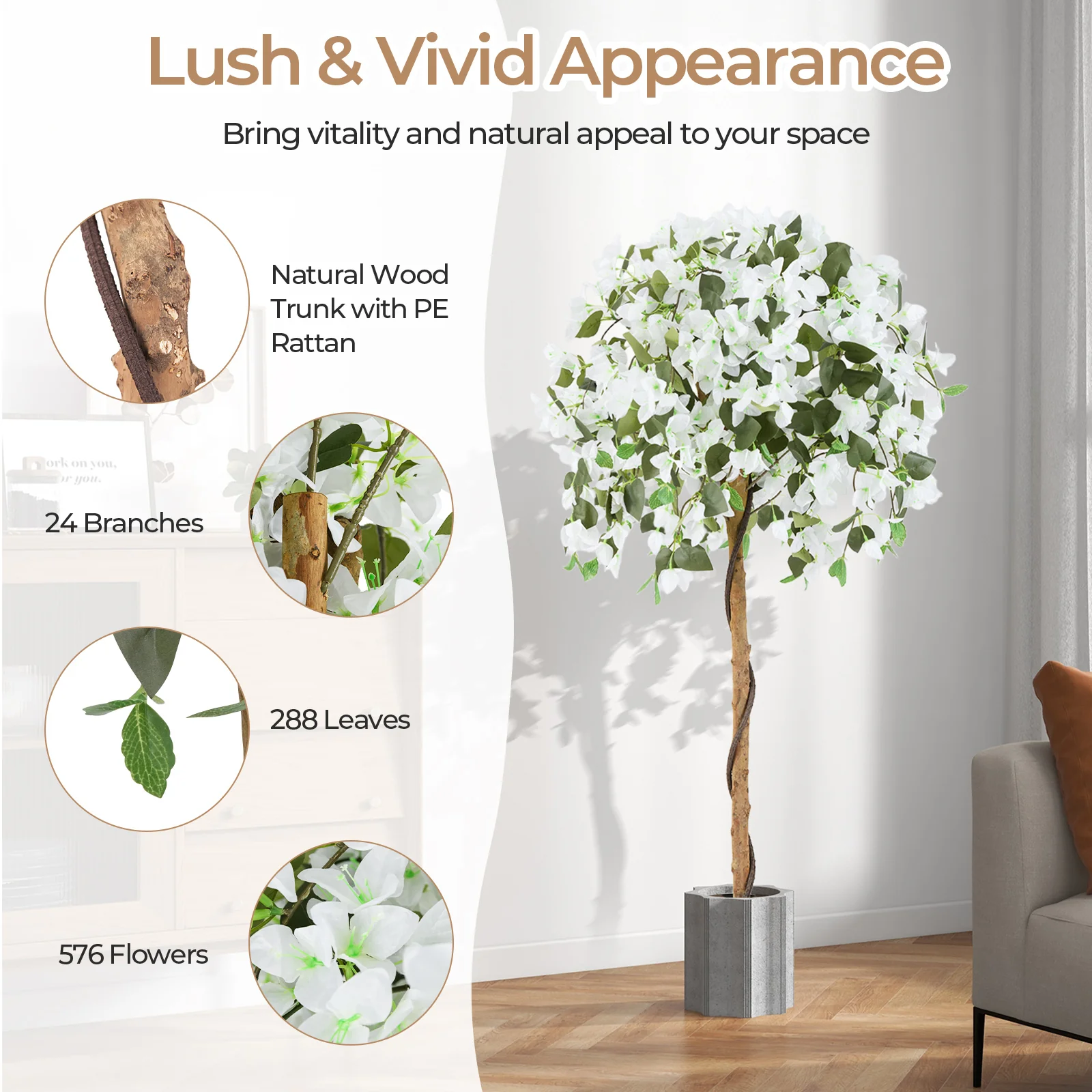 4.5 Feet Artificial Azalea Tree, Cement Pot, White - Image 10