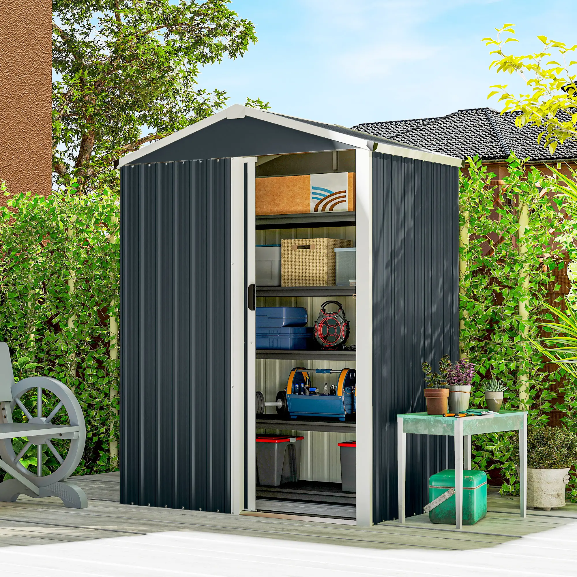 4.5 x 3ft Metal Garden Shed, Waterproof, Lockable Door, Dark Grey - Image 2