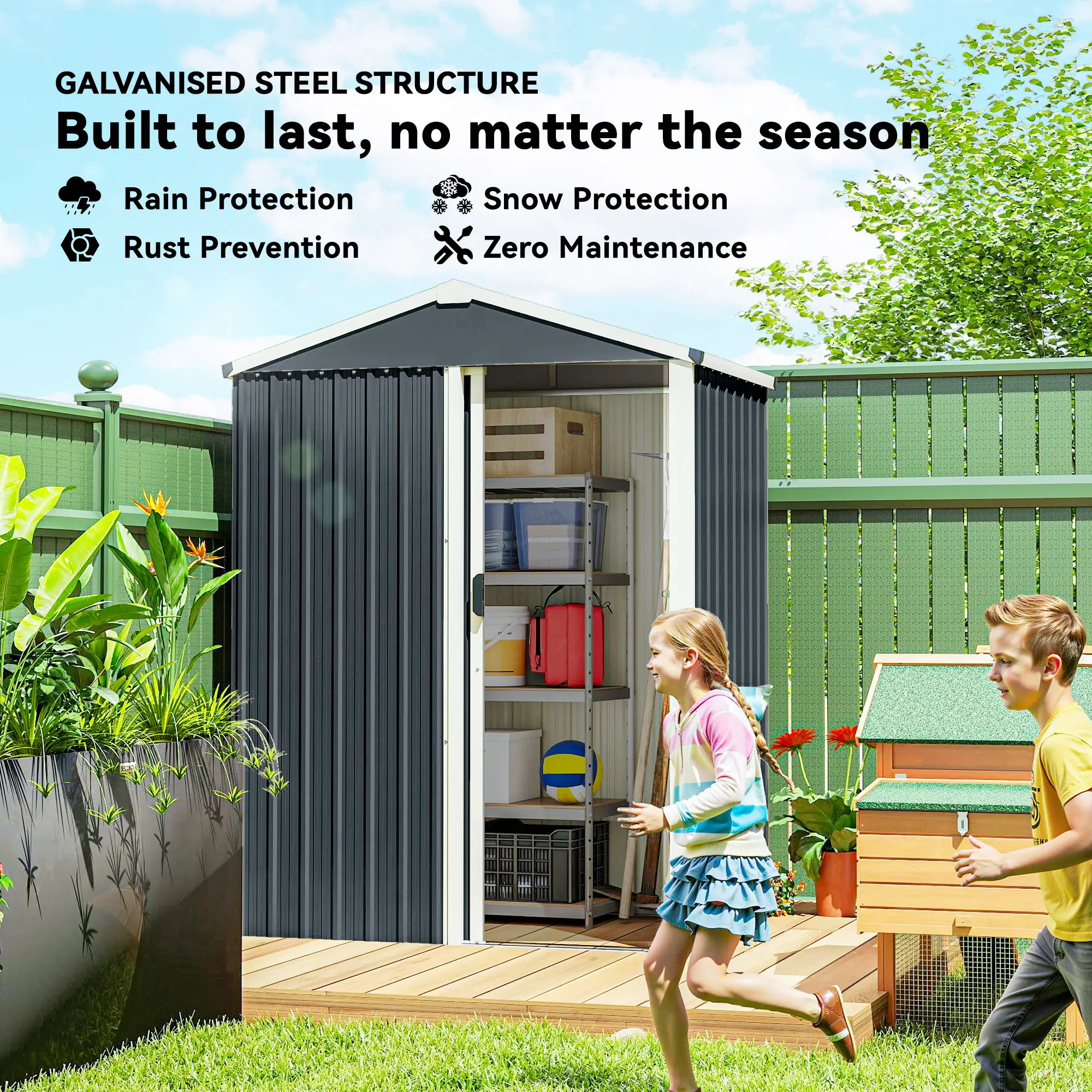 4.5 x 3ft Metal Garden Shed, Waterproof, Lockable Door, Dark Grey - Image 4