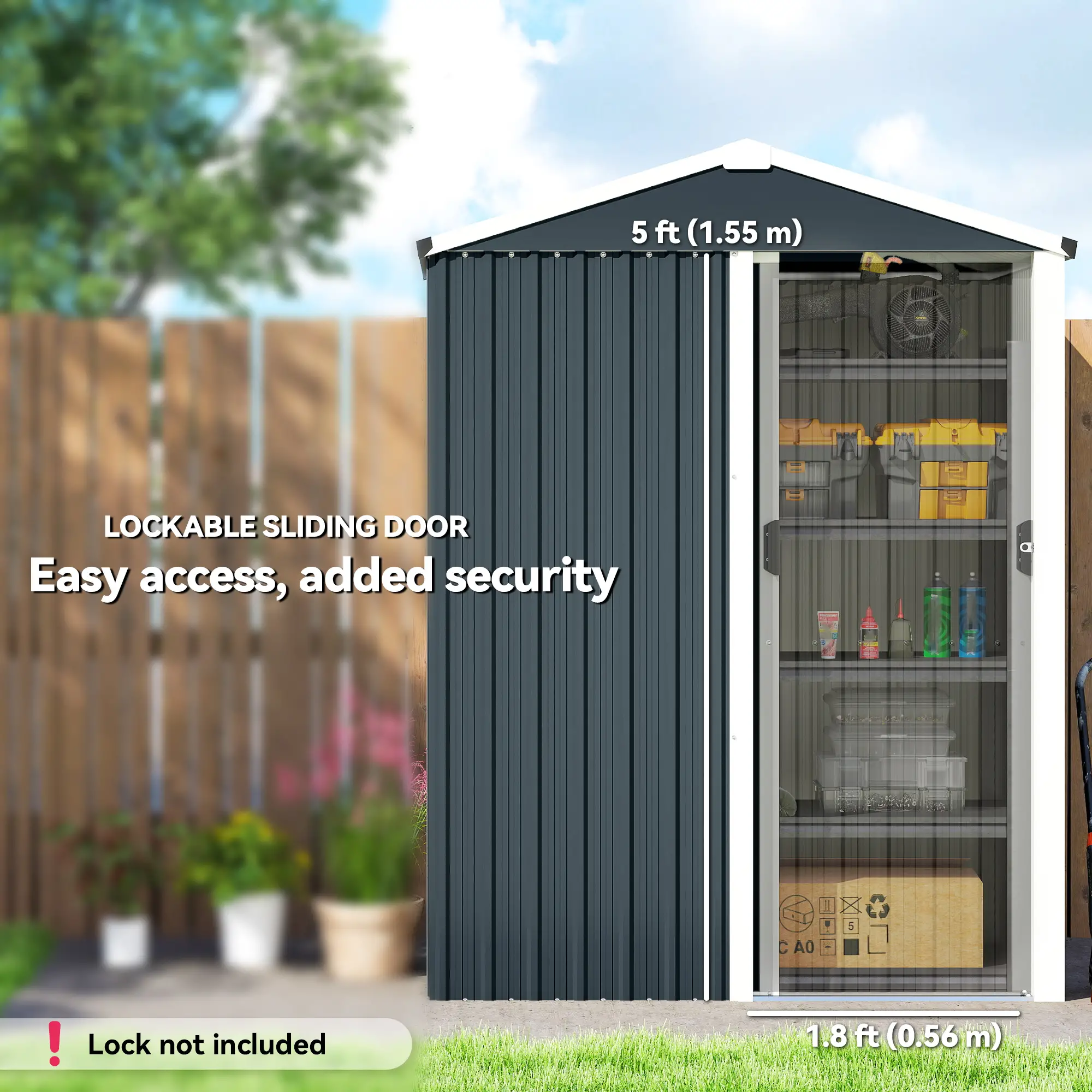 4.5 x 3ft Metal Garden Shed, Waterproof, Lockable Door, Dark Grey - Image 5