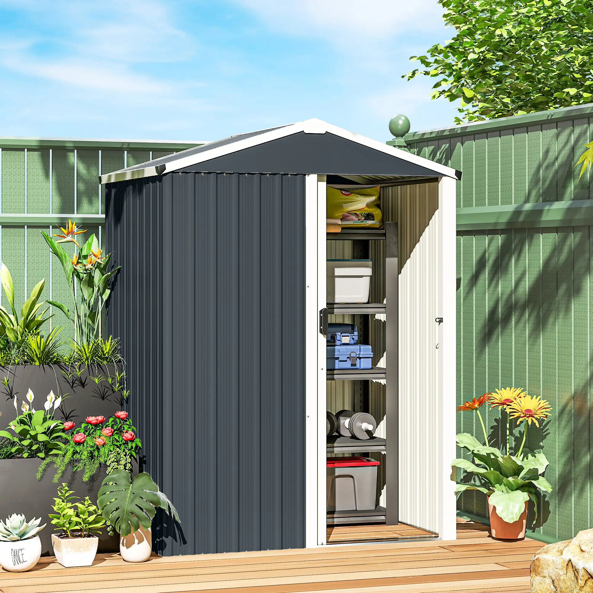 4.5 x 3ft Metal Garden Shed, Waterproof, Lockable Door, Dark Grey - Image 8