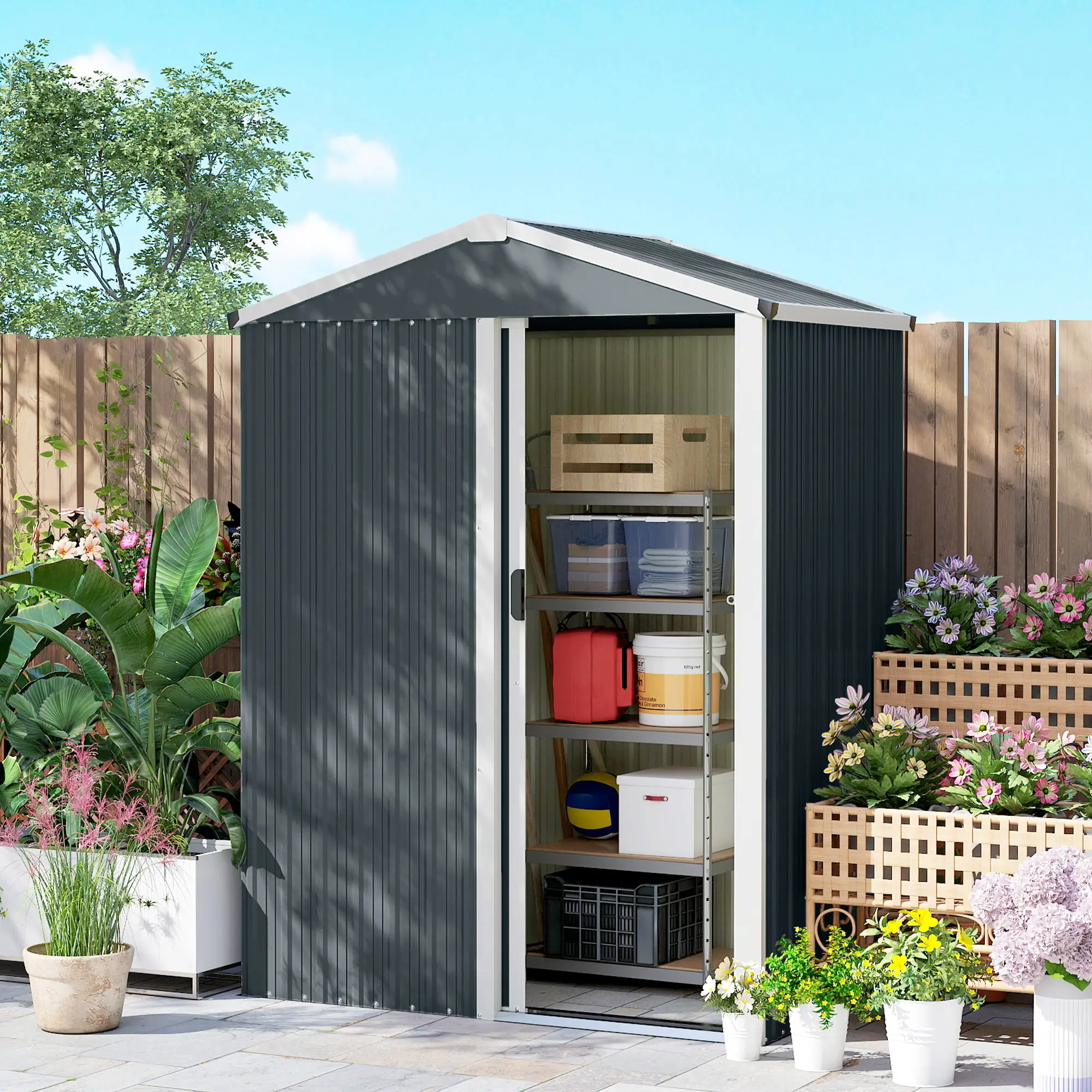 4.5 x 3ft Metal Garden Shed, Waterproof, Lockable Door, Dark Grey - Image 9