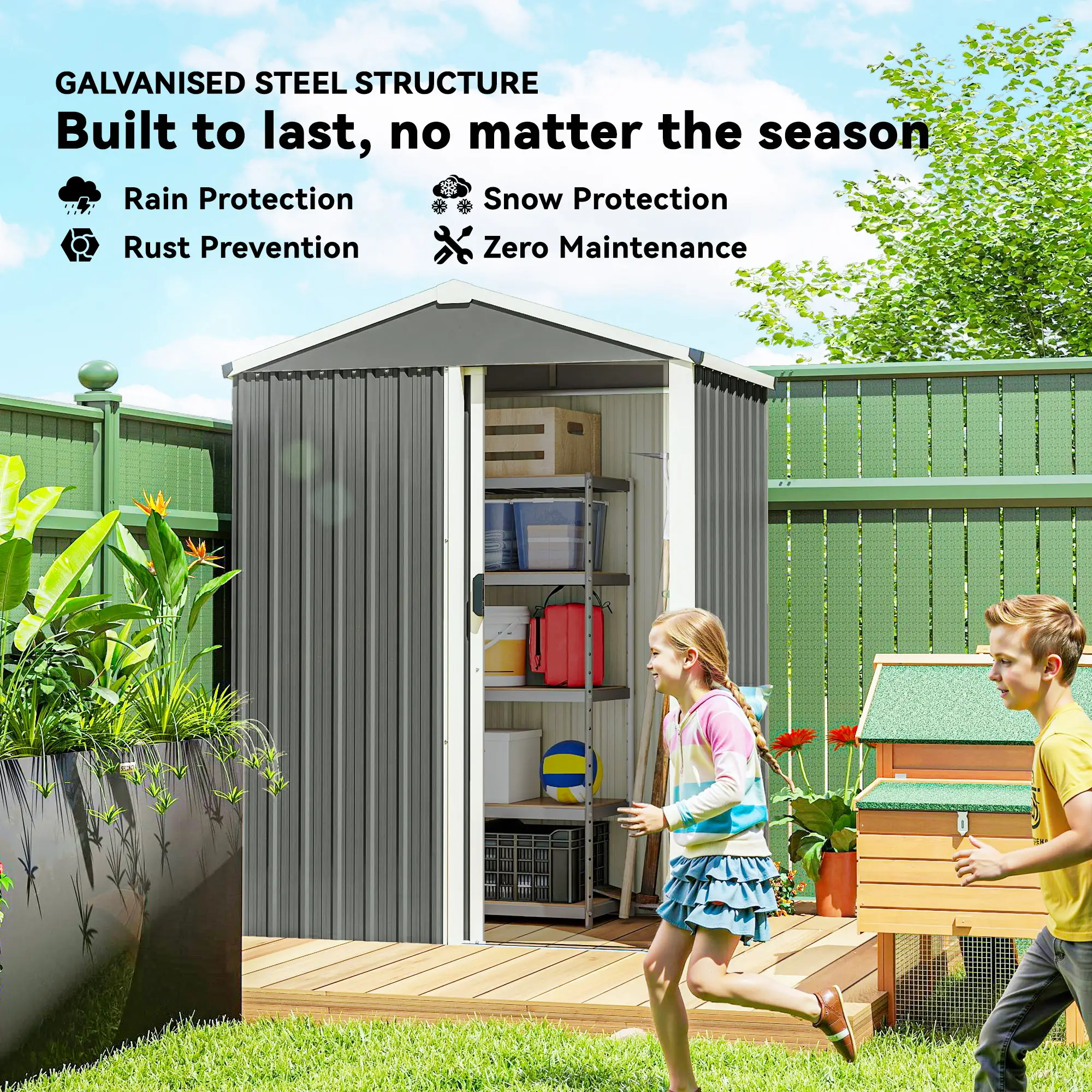 4.5 x 3ft Outdoor Storage Shed, Waterproof Metal Garden Shed, Light Grey - Image 4
