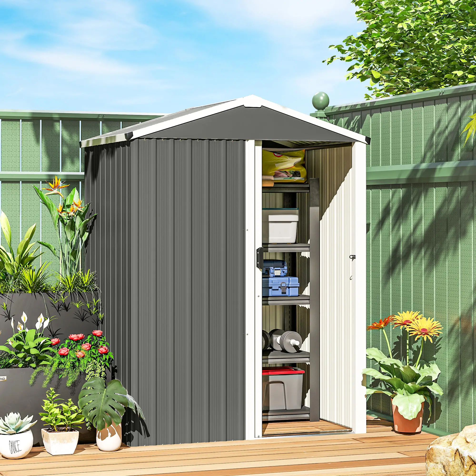 4.5 x 3ft Outdoor Storage Shed, Waterproof Metal Garden Shed, Light Grey - Image 8
