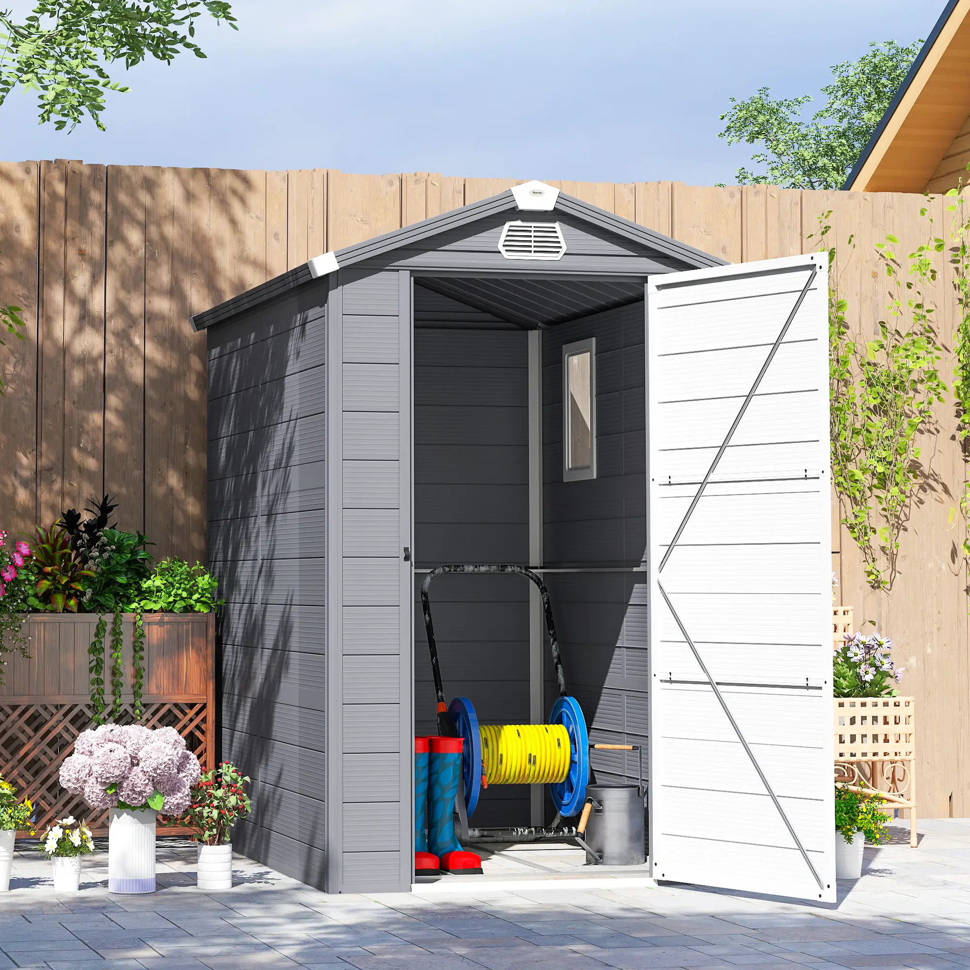 4.5' x 6' Plastic Garden Storage Shed, Latch Door, Vents, Dark Grey - Image 10