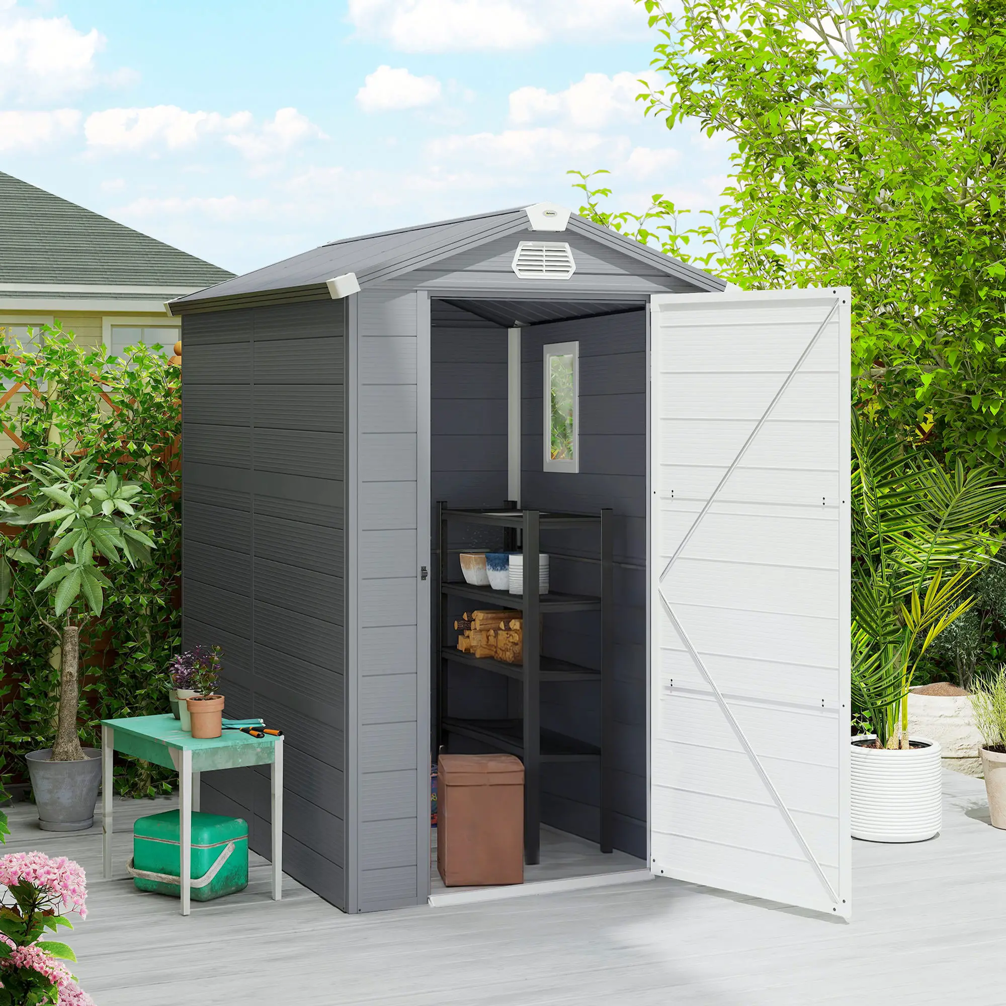 4.5' x 6' Plastic Garden Storage Shed, Latch Door, Vents, Dark Grey - Image 2
