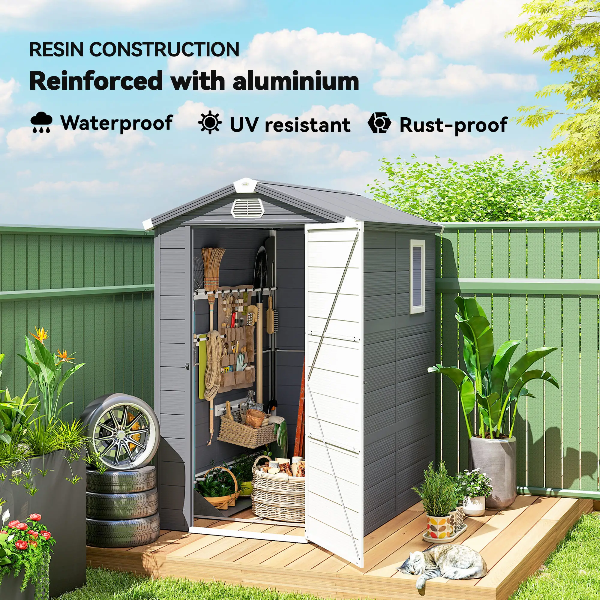 4.5' x 6' Plastic Garden Storage Shed, Latch Door, Vents, Dark Grey - Image 4