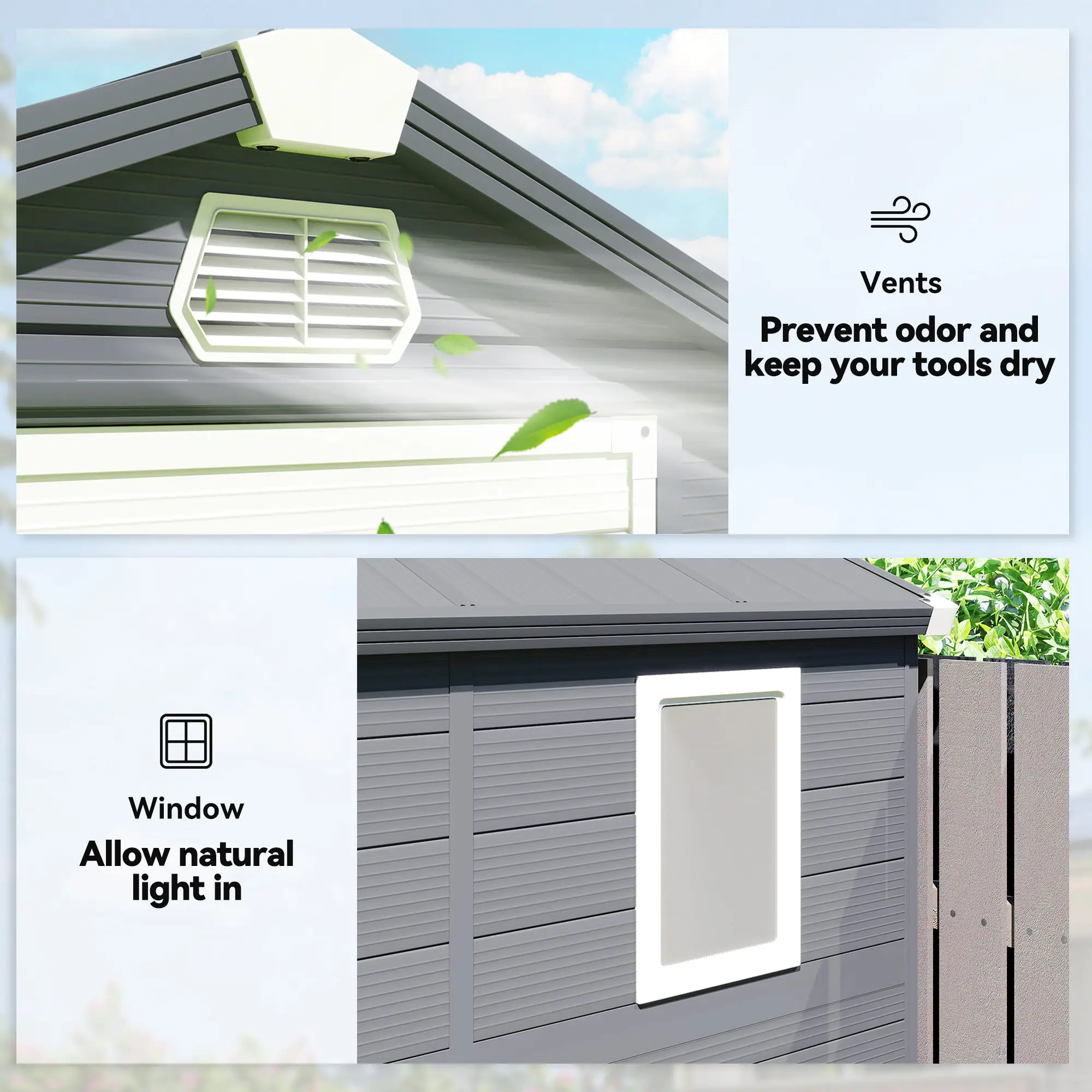 4.5' x 6' Plastic Garden Storage Shed, Latch Door, Vents, Dark Grey - Image 5