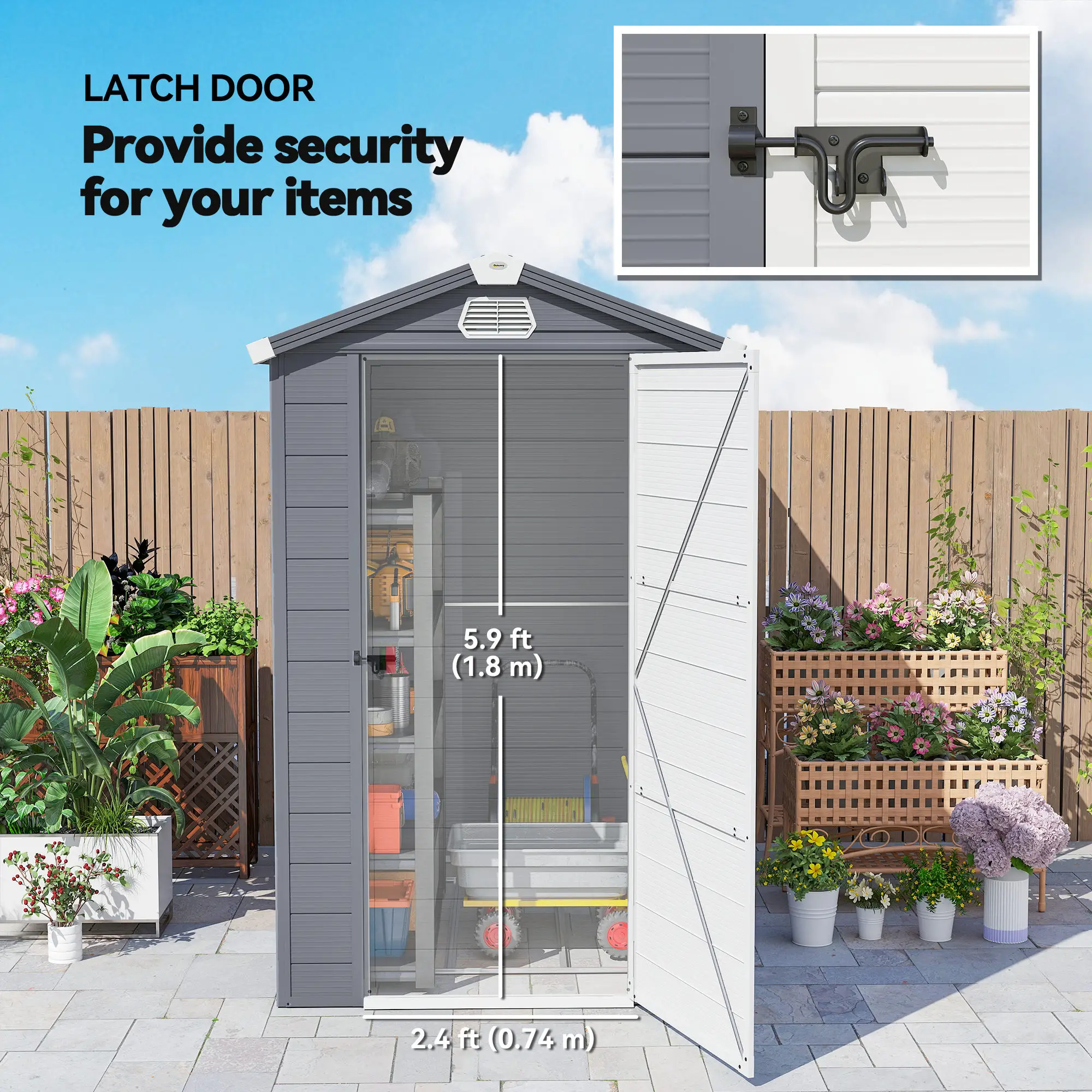 4.5' x 6' Plastic Garden Storage Shed, Latch Door, Vents, Dark Grey - Image 6