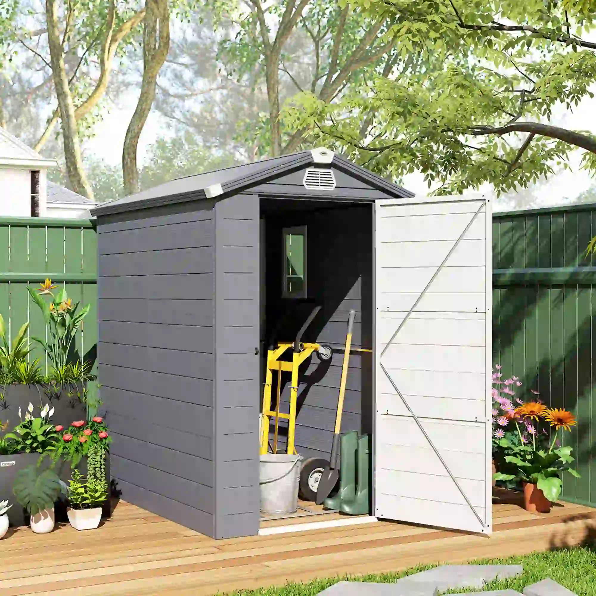 4.5' x 6' Plastic Garden Storage Shed, Latch Door, Vents, Dark Grey - Image 8