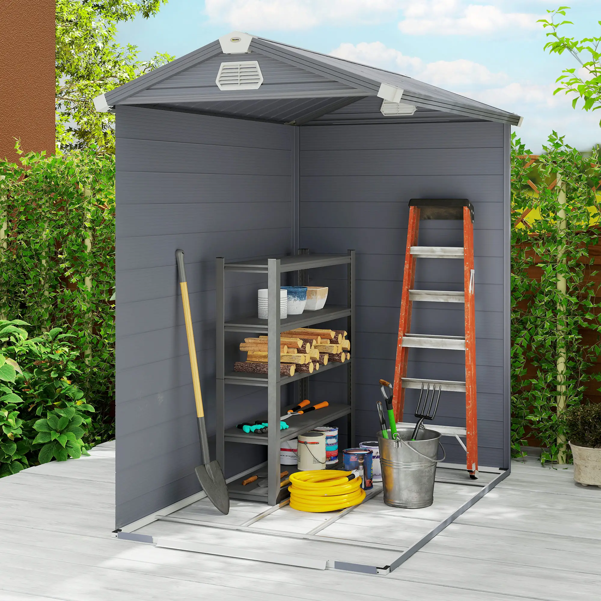 4.5' x 6' Plastic Garden Storage Shed, Latch Door, Vents, Dark Grey - Image 9