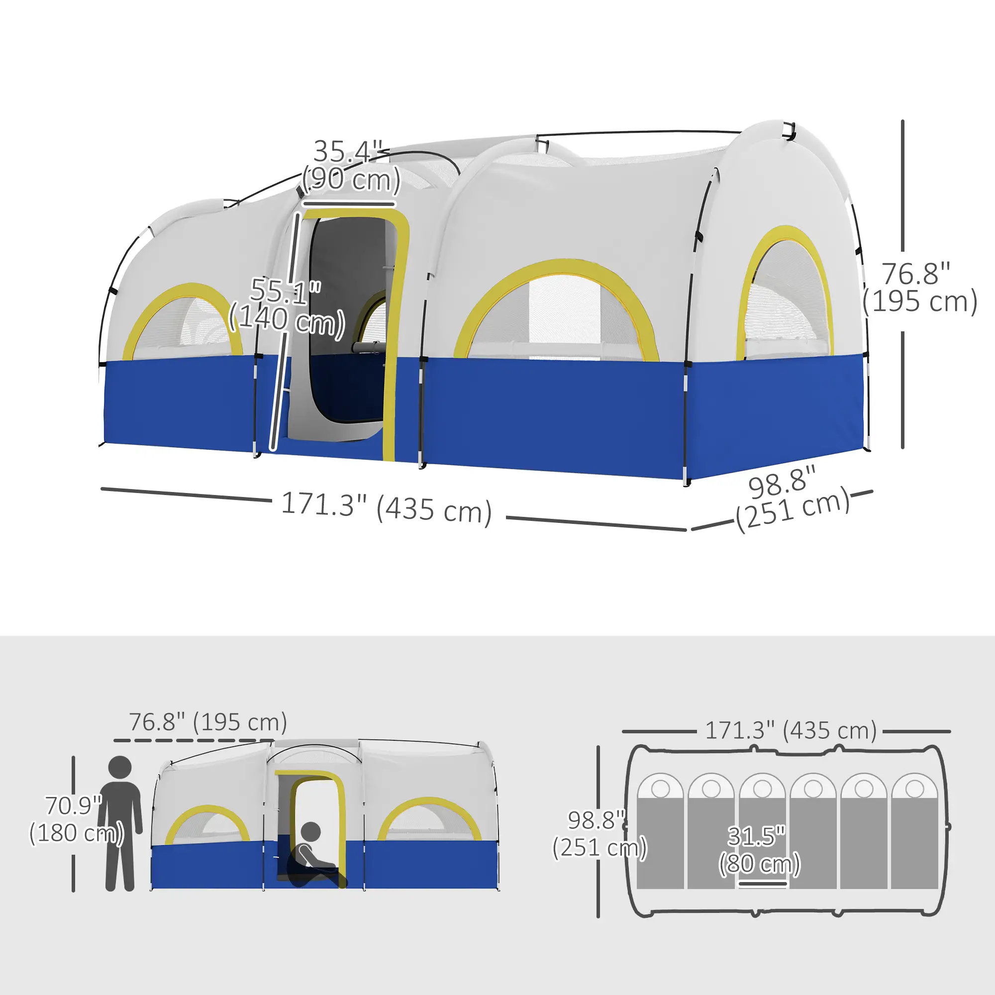 4-6 Person Camping Tent, 3 Room, 3000mm Waterproof, UPF30+, Blue - Image 3