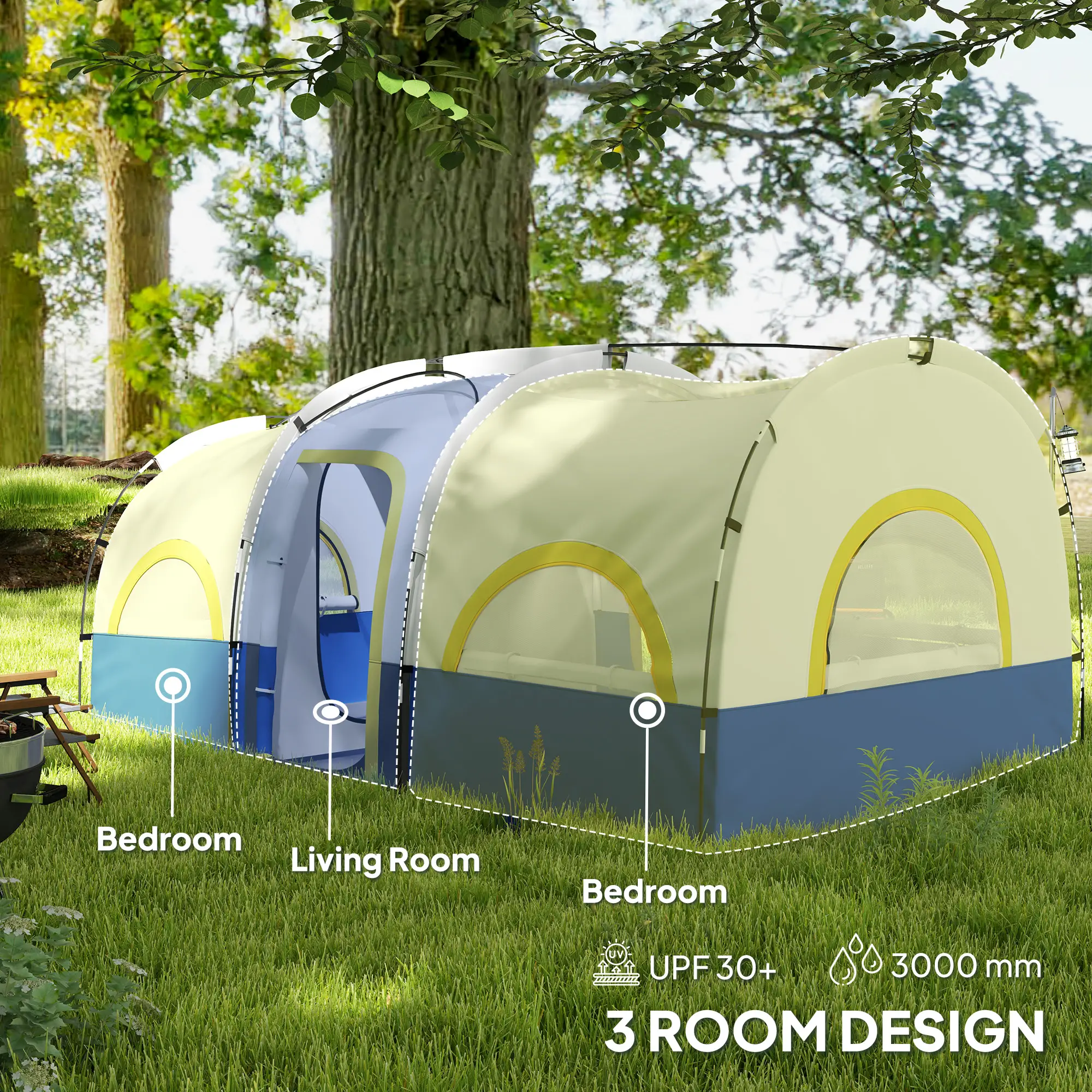 4-6 Person Camping Tent, 3 Room, 3000mm Waterproof, UPF30+, Blue - Image 4