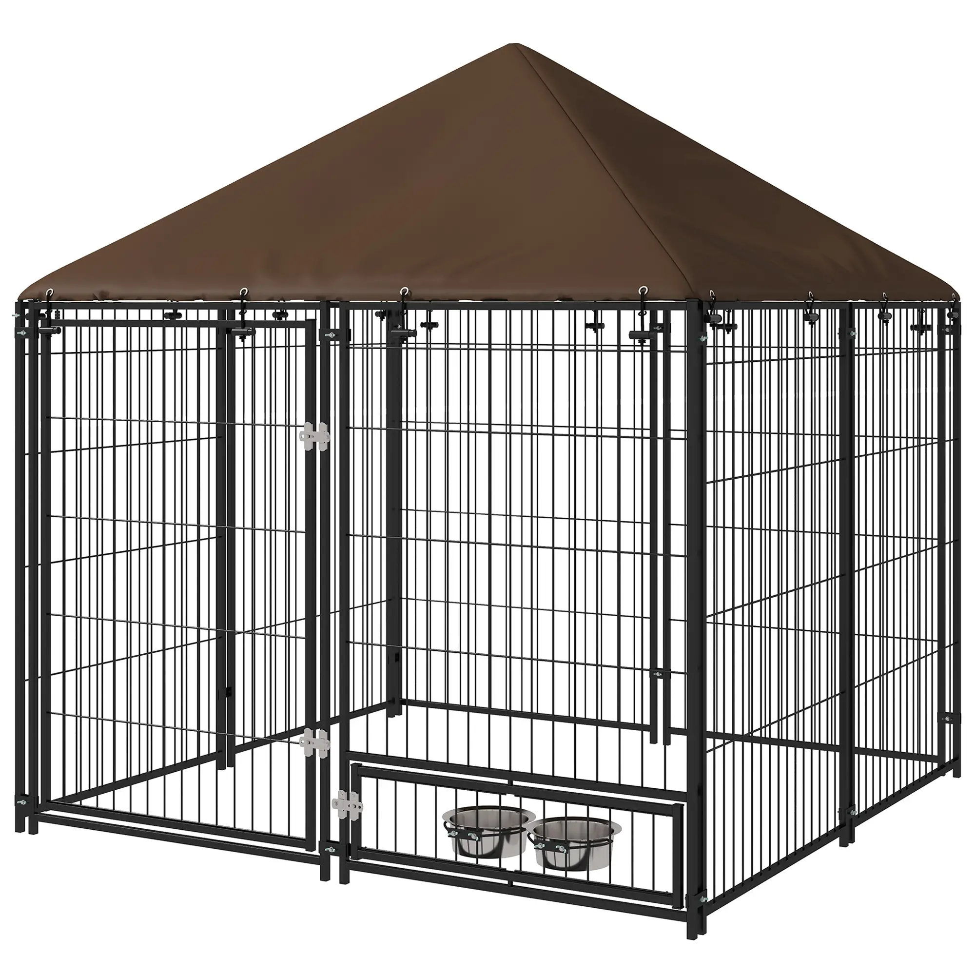 4.6' x 4.6' x 5' Outdoor Dog Kennel, Canopy, Rotating Bowls, Coffee