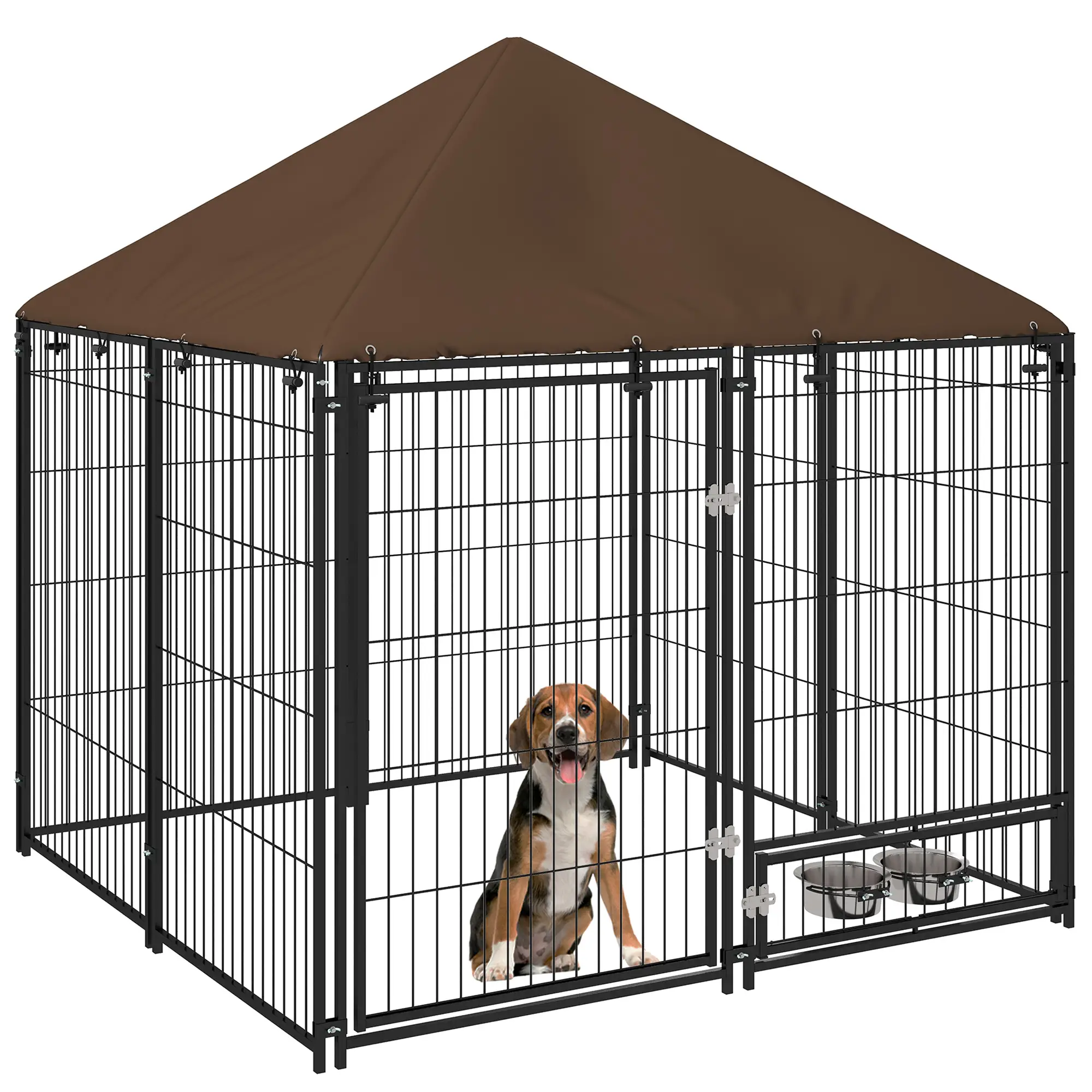 4.6' x 4.6' x 5' Outdoor Dog Kennel, Canopy, Rotating Bowls, Coffee - Image 11