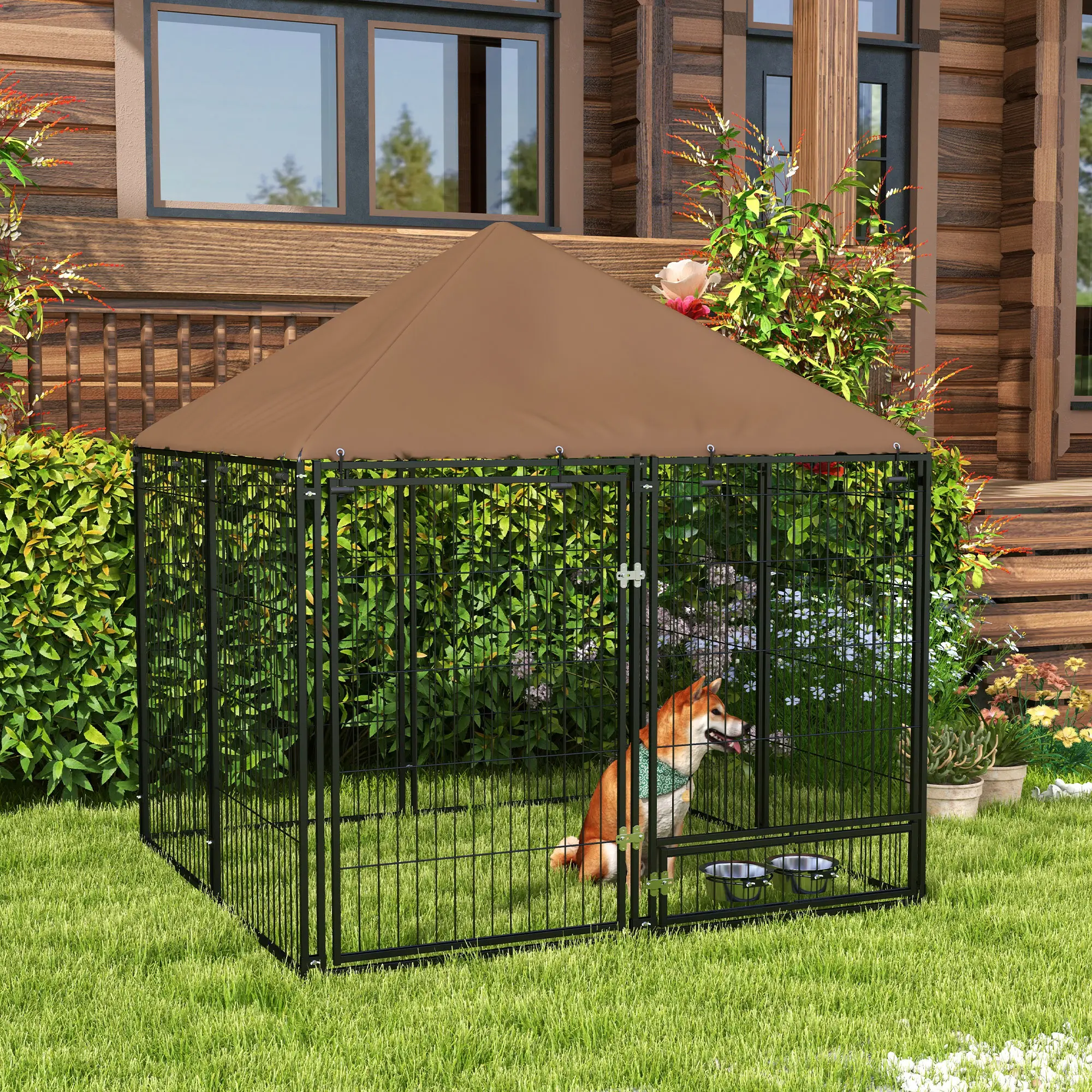 4.6' x 4.6' x 5' Outdoor Dog Kennel, Canopy, Rotating Bowls, Coffee - Image 2