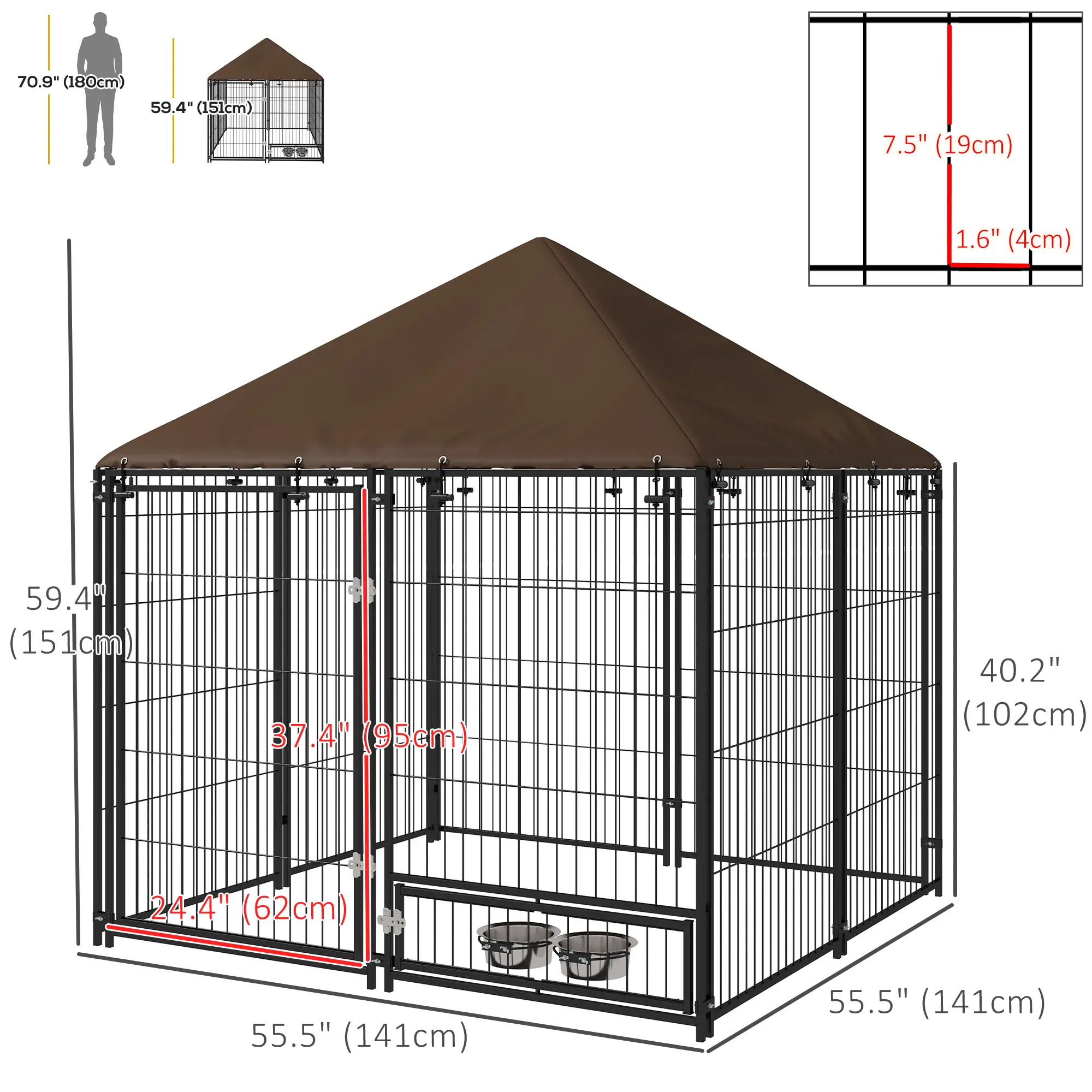 4.6' x 4.6' x 5' Outdoor Dog Kennel, Canopy, Rotating Bowls, Coffee - Image 3