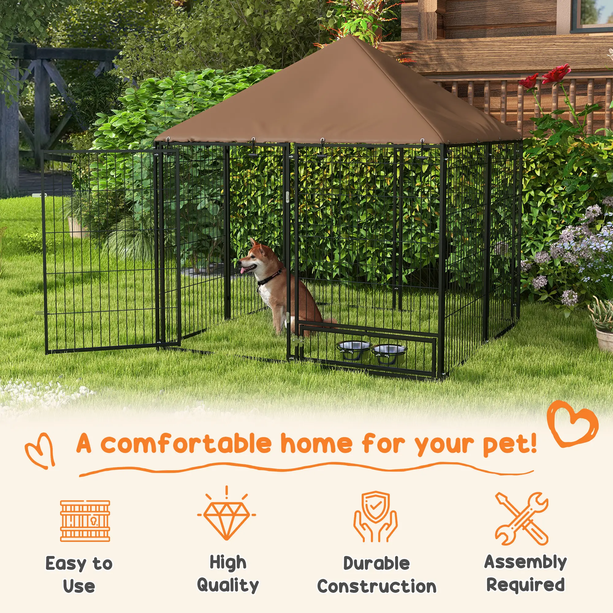 4.6' x 4.6' x 5' Outdoor Dog Kennel, Canopy, Rotating Bowls, Coffee - Image 4