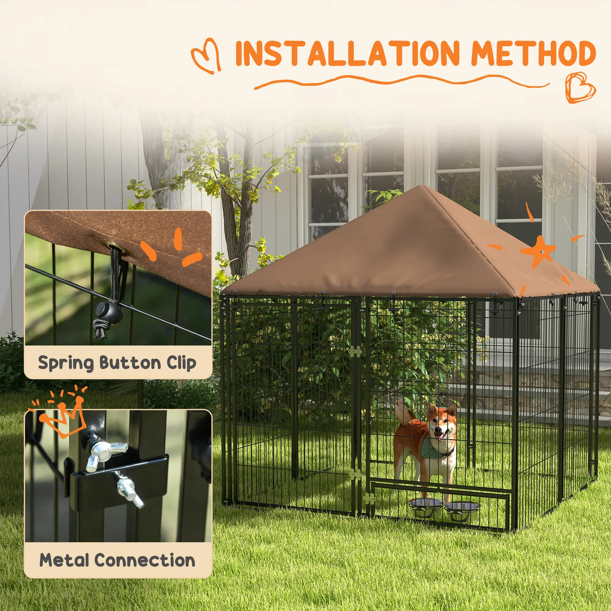 4.6' x 4.6' x 5' Outdoor Dog Kennel, Canopy, Rotating Bowls, Coffee - Image 7
