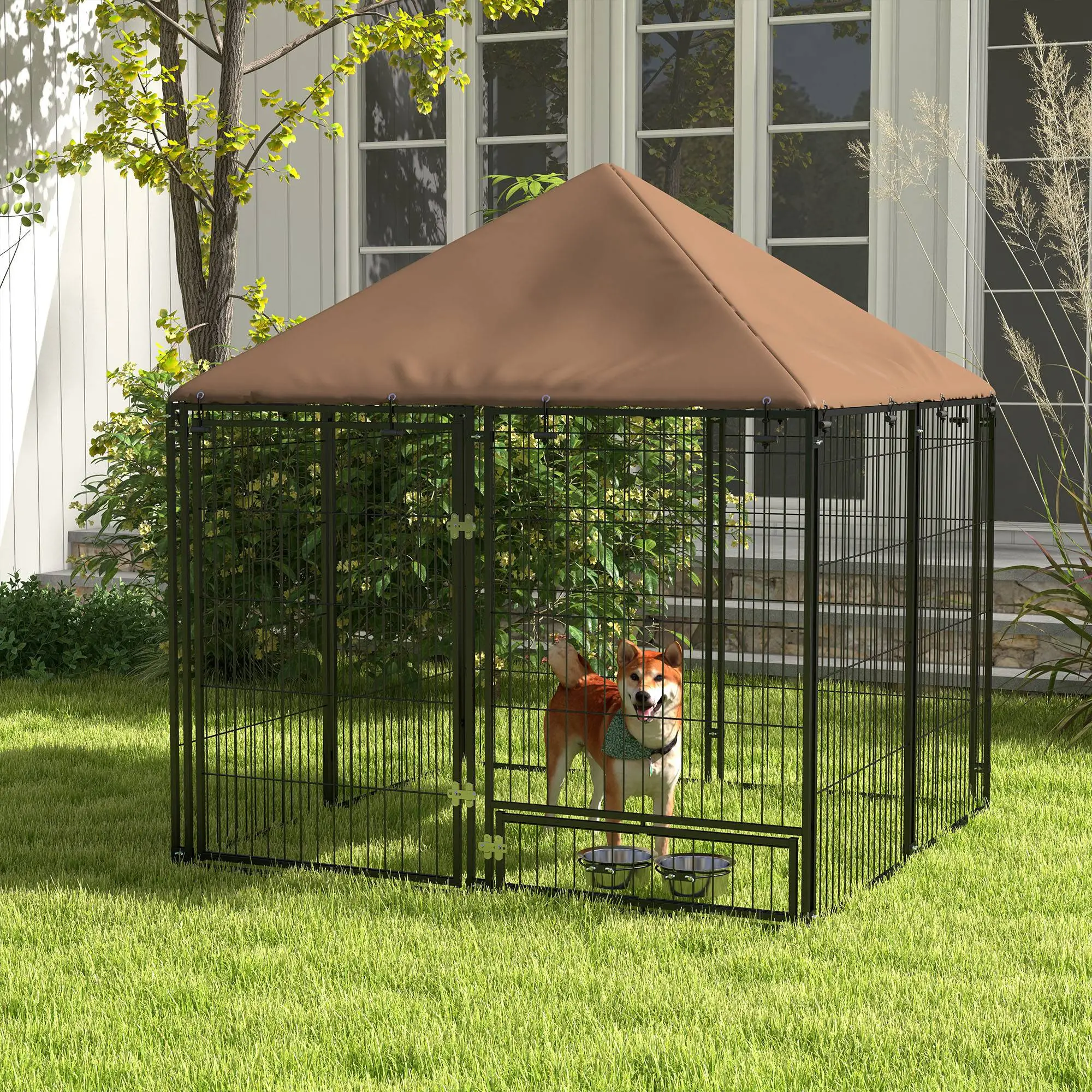 4.6' x 4.6' x 5' Outdoor Dog Kennel, Canopy, Rotating Bowls, Coffee - Image 8