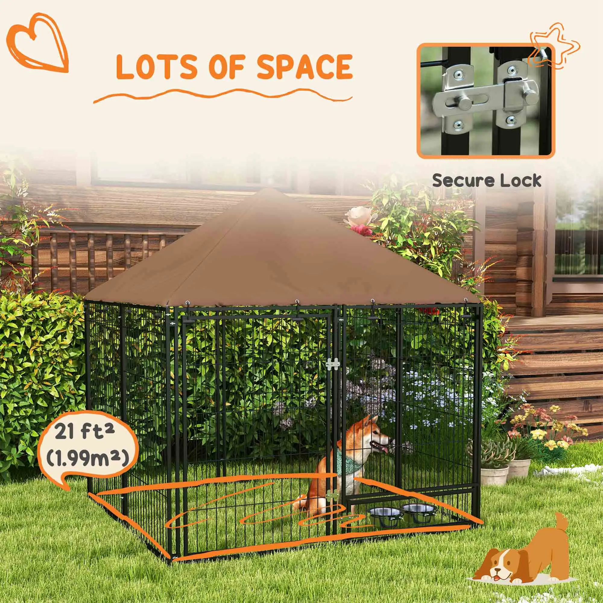 4.6' x 4.6' x 5' Outdoor Dog Kennel, Canopy, Rotating Bowls, Coffee - Image 9