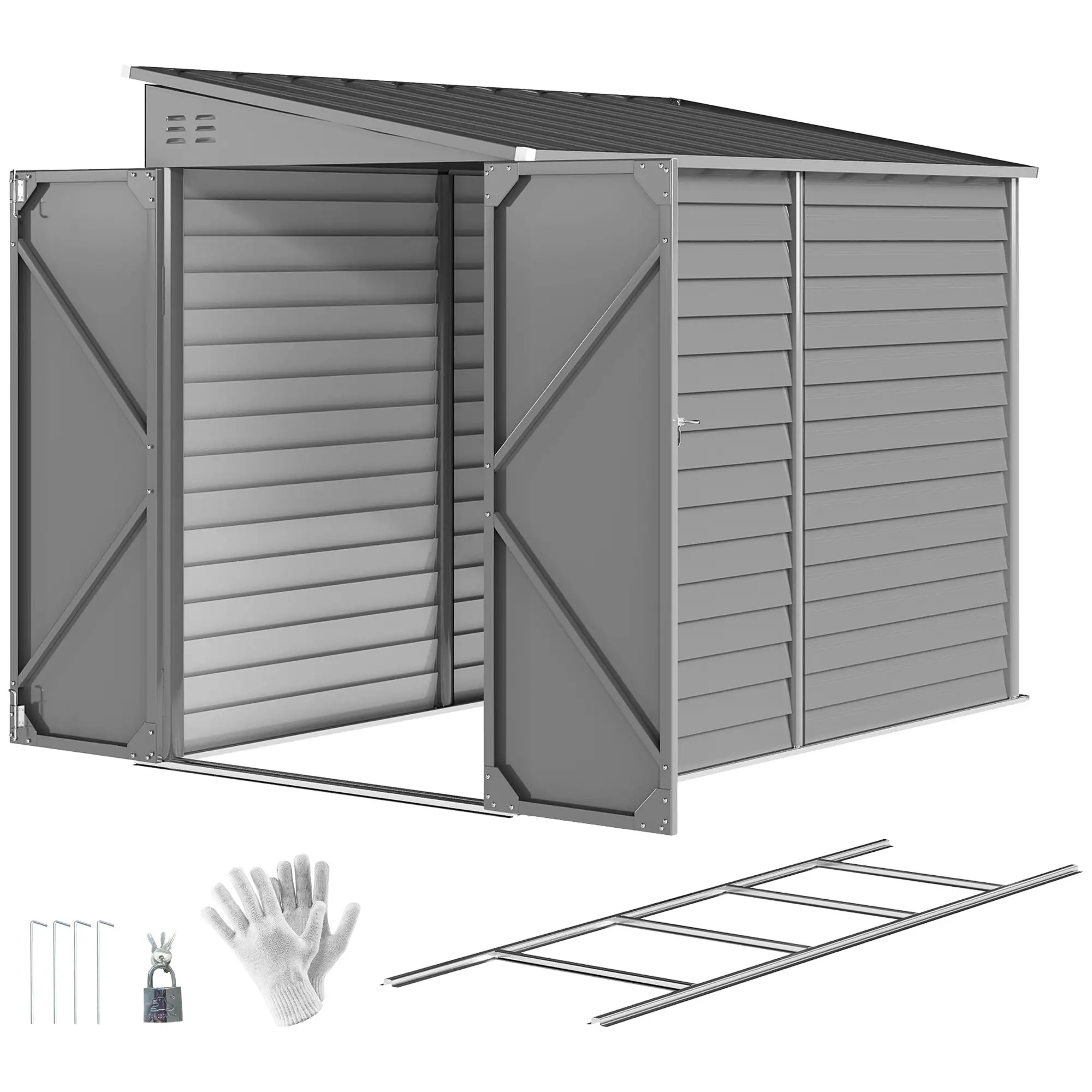 4.6' x 9' Steel Outdoor Storage Shed, Lean to, Lockable Doors, Grey