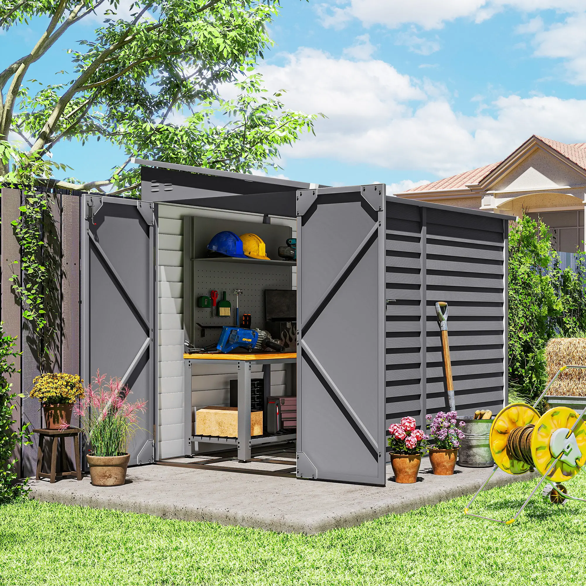 4.6' x 9' Steel Outdoor Storage Shed, Lean to, Lockable Doors, Grey - Image 11