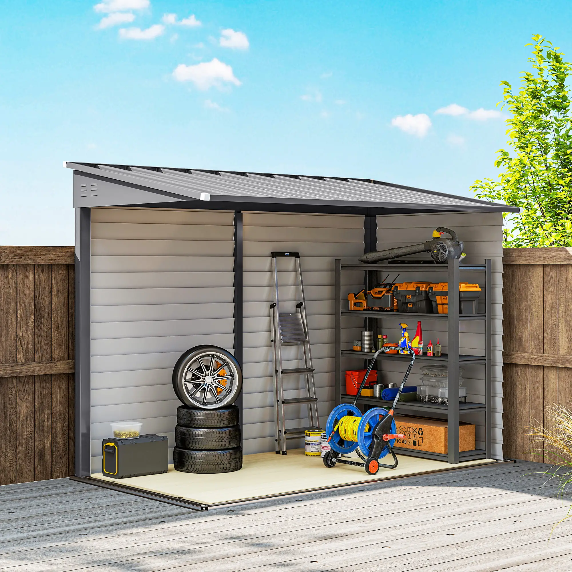 4.6' x 9' Steel Outdoor Storage Shed, Lean to, Lockable Doors, Grey - Image 12