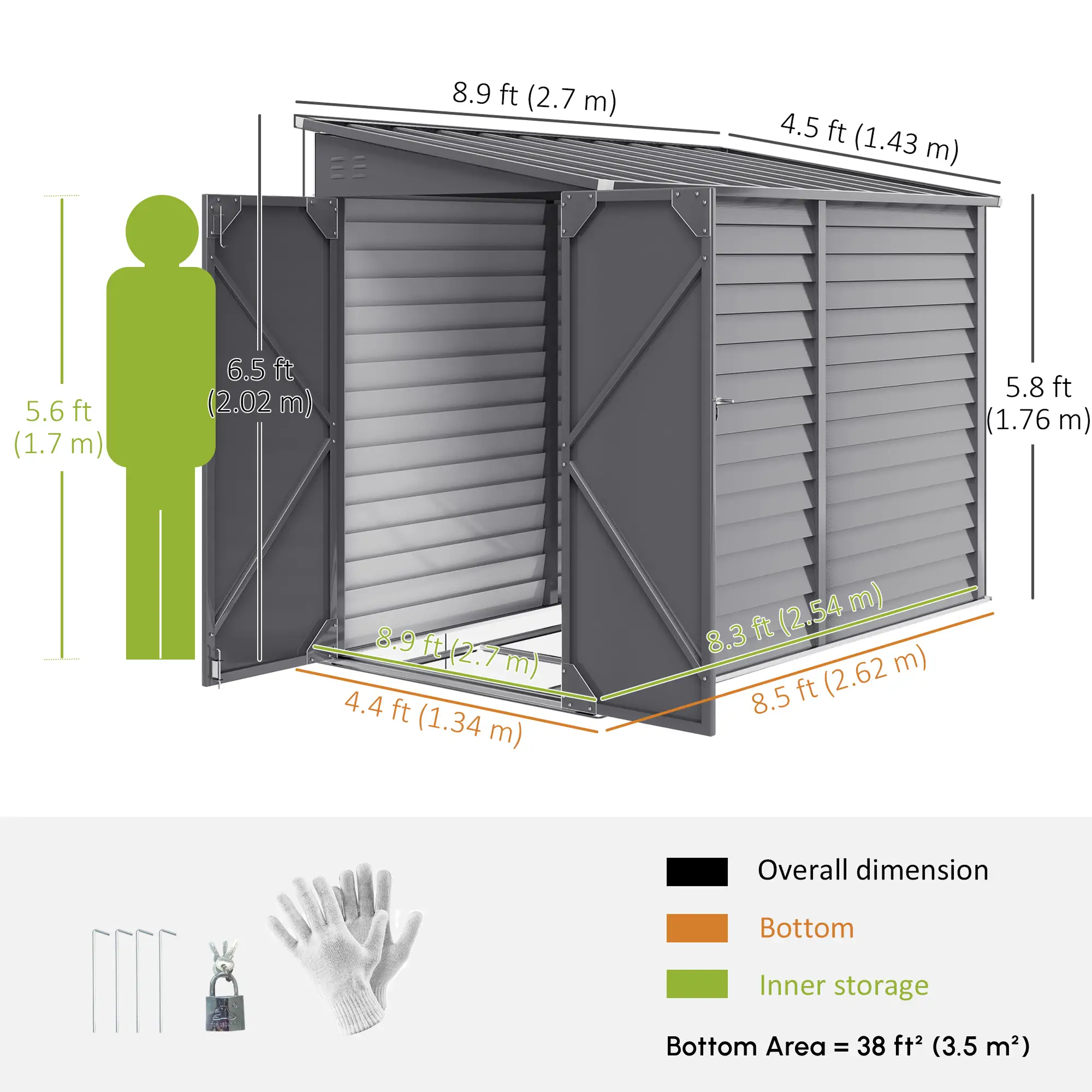 4.6' x 9' Steel Outdoor Storage Shed, Lean to, Lockable Doors, Grey - Image 3