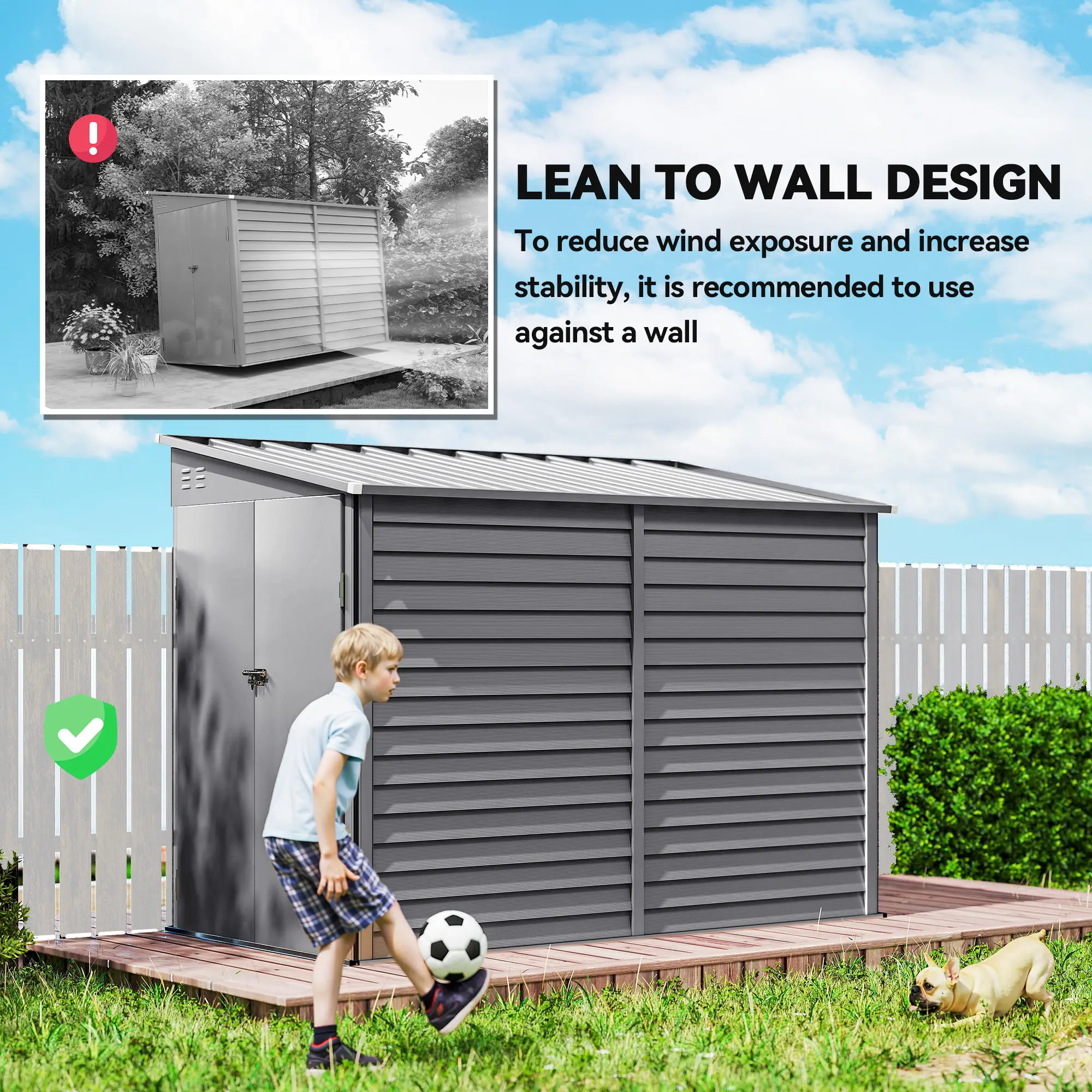 4.6' x 9' Steel Outdoor Storage Shed, Lean to, Lockable Doors, Grey - Image 7