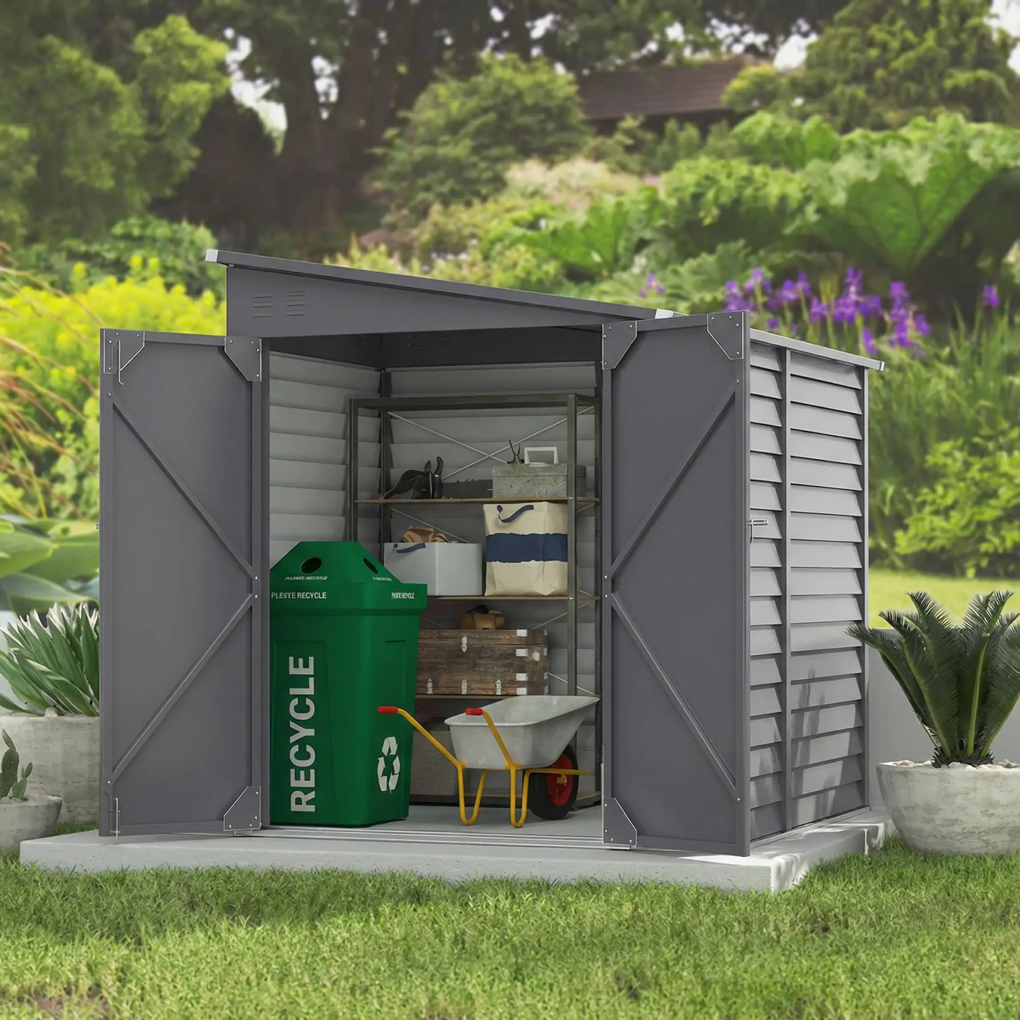 4.6' x 9' Steel Outdoor Storage Shed, Lean to, Lockable Doors, Grey - Image 9