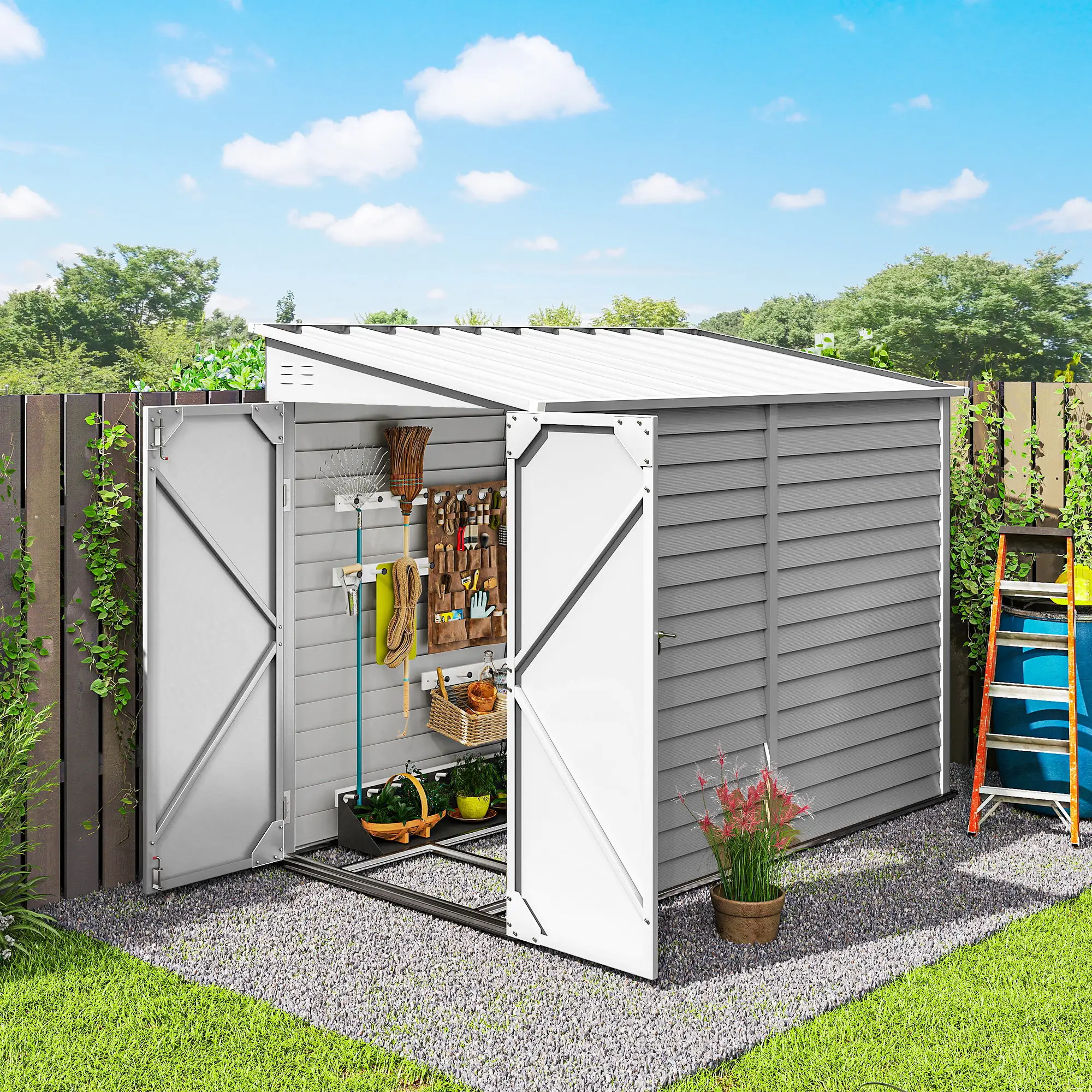 4.6' x 9' Steel Outdoor Storage Shed, Lean To Metal Tool House, White - Image 7