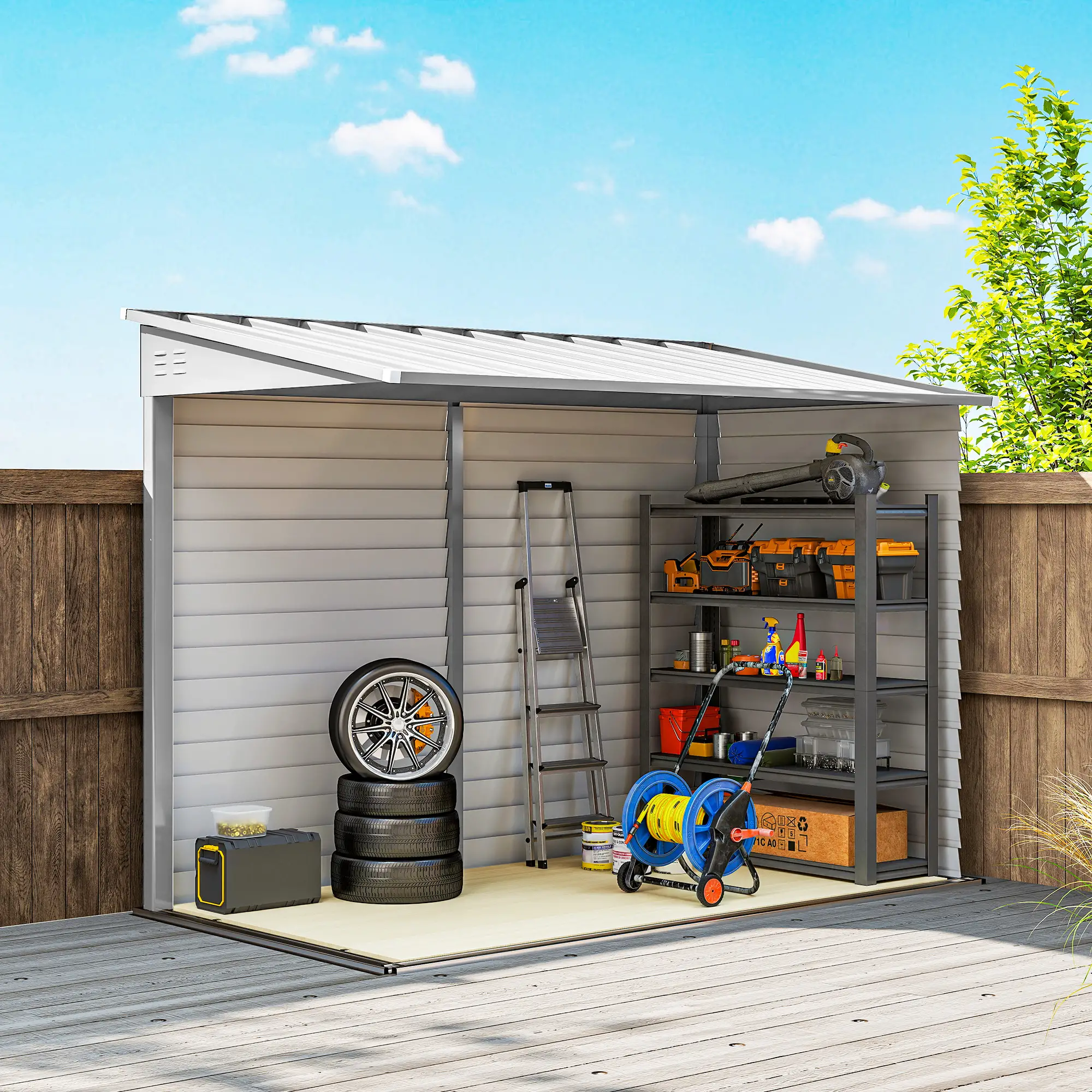 4.6' x 9' Steel Outdoor Storage Shed, Lean To Metal Tool House, White - Image 9