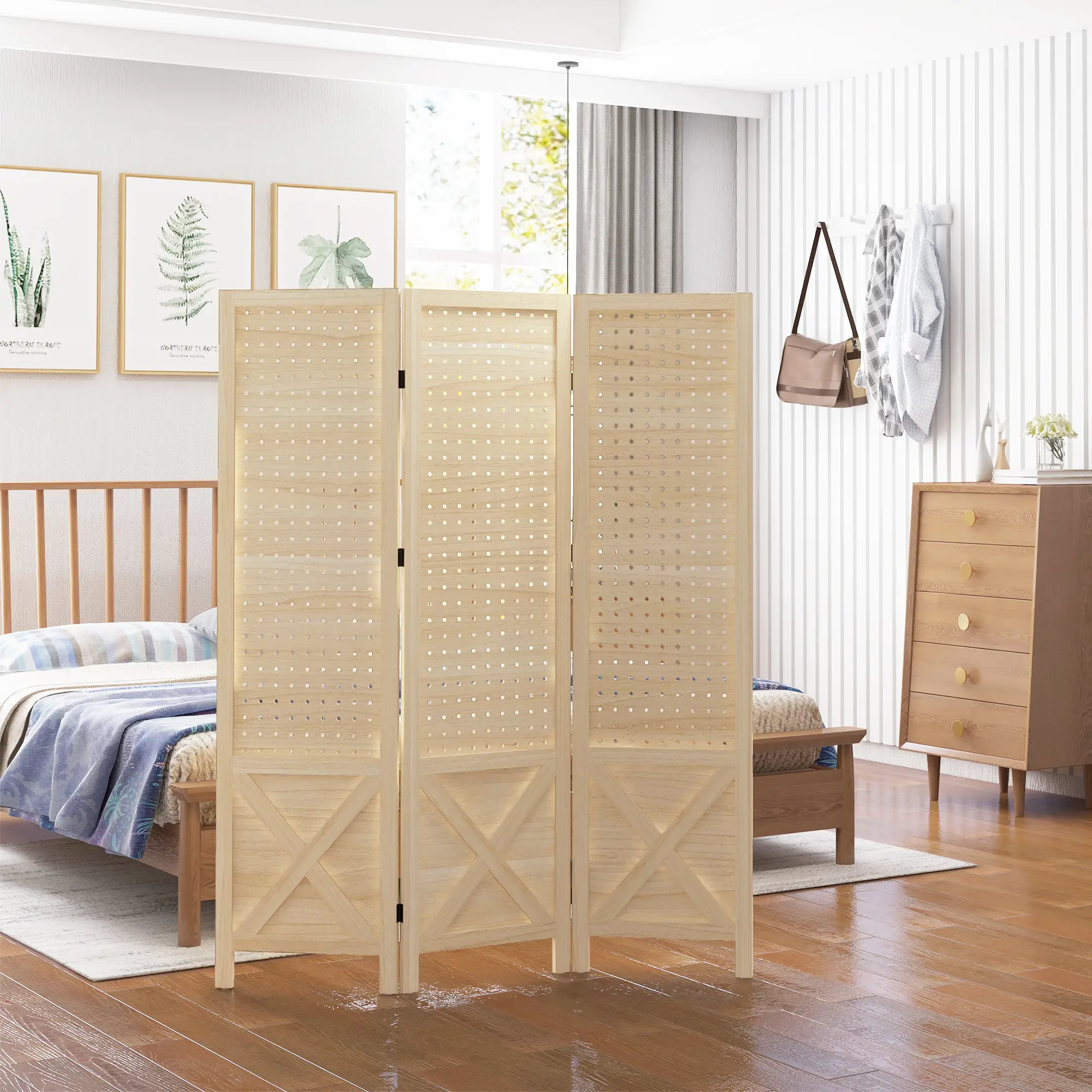 4.7' Wooden Room Divider, 3 Panel Folding Privacy Screen, Natural - Image 10