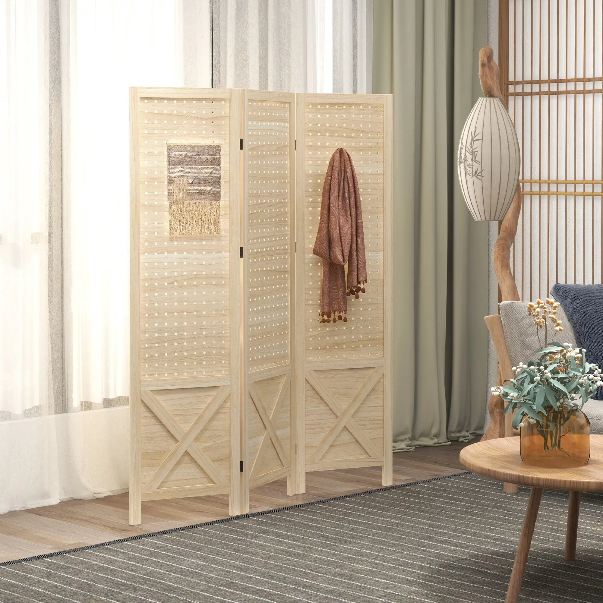 4.7' Wooden Room Divider, 3 Panel Folding Privacy Screen, Natural - Image 2