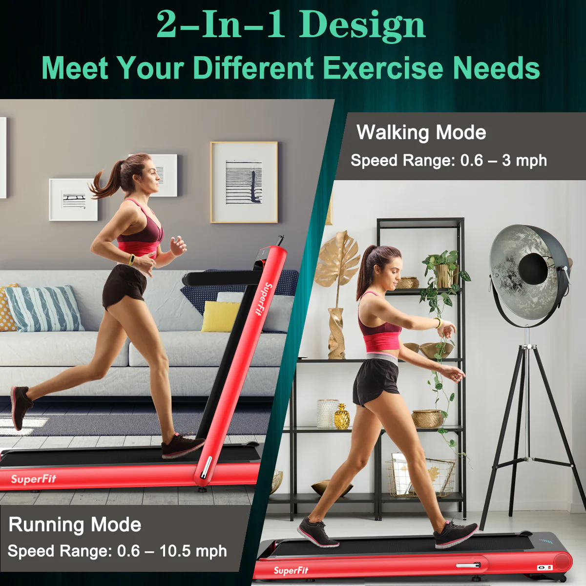 4.75HP 2 In 1 Folding Treadmill, Remote APP Control, Red - Image 4