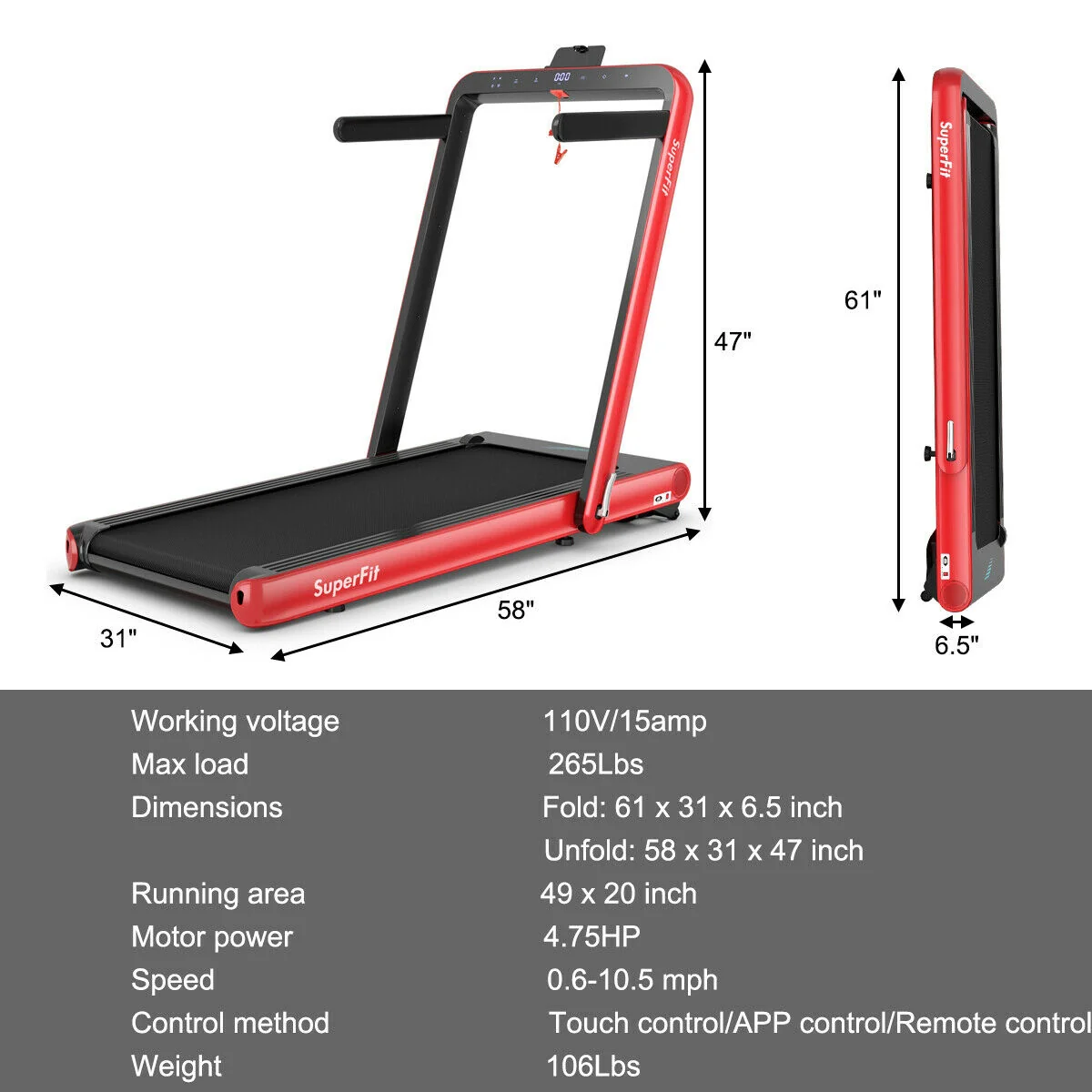 4.75HP 2 In 1 Folding Treadmill, Remote APP Control, Red - Image 5