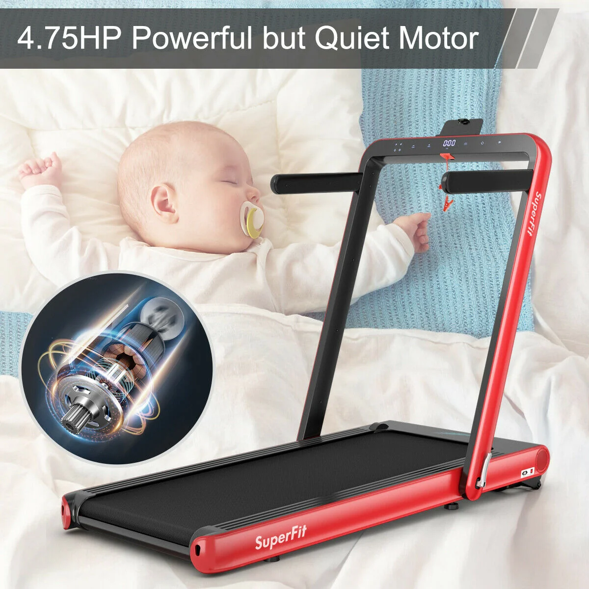 4.75HP 2 In 1 Folding Treadmill, Remote APP Control, Red - Image 9