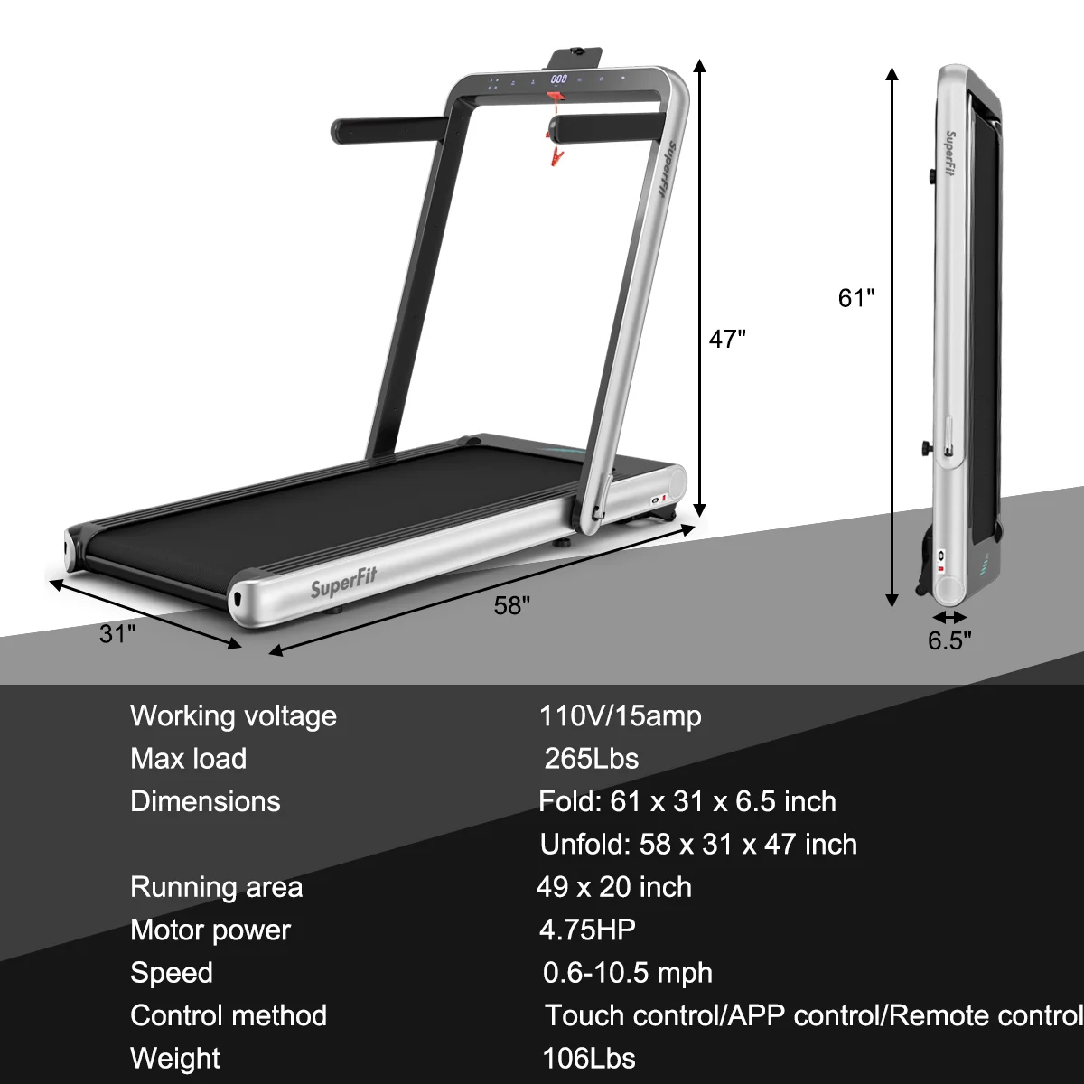 4.75HP 2 In 1 Folding Treadmill, Remote APP Control, Silver - Image 6