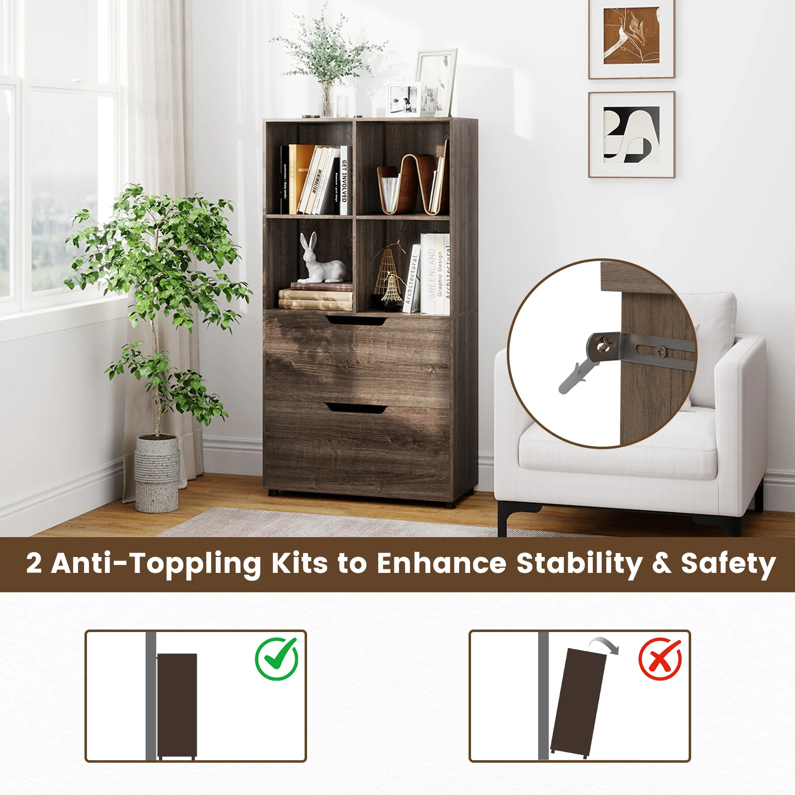 4-Cube Bookcase with 2 Drawers 51 inch 5-Tier Tall Freestanding Bookshelf, Gray - Image 10