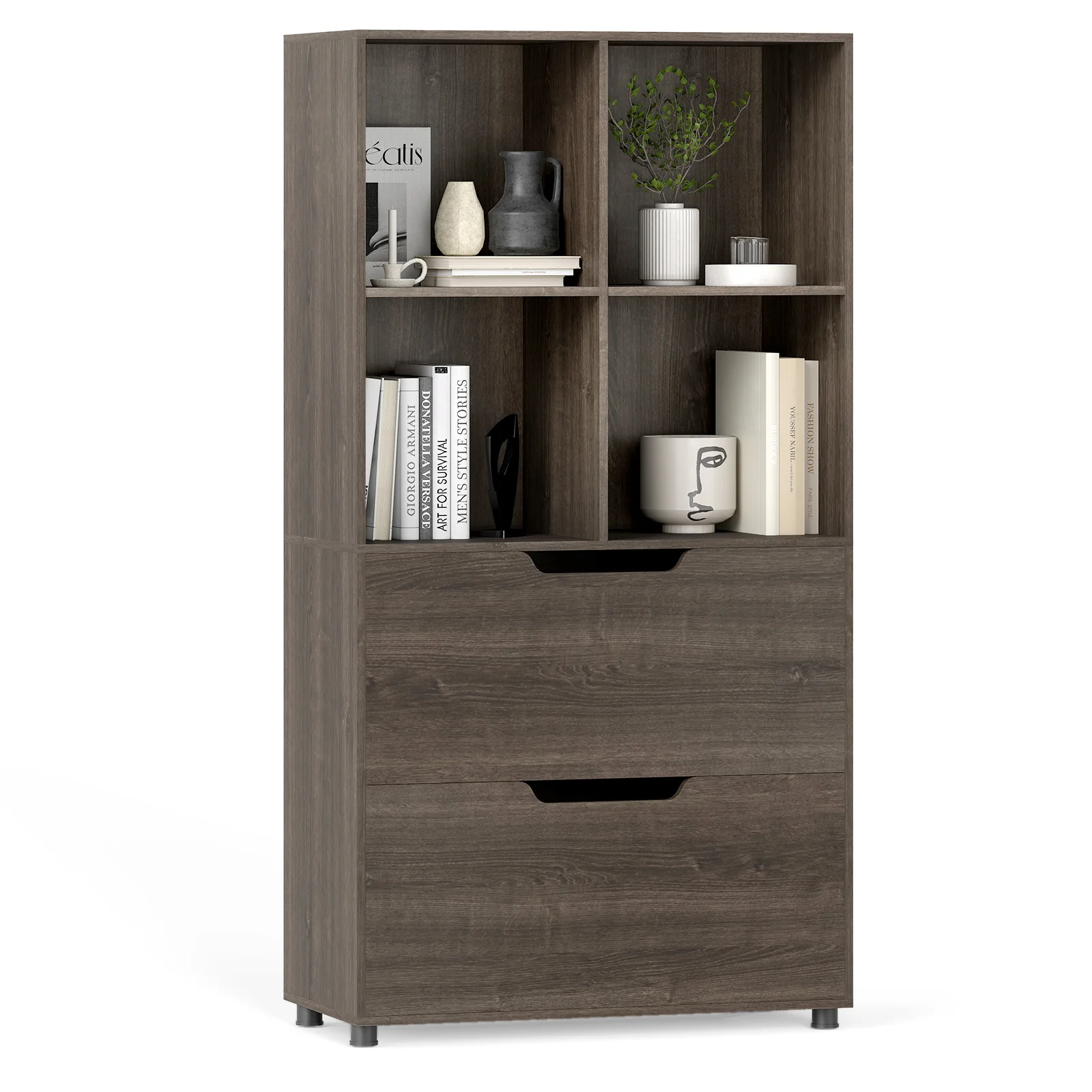 4-Cube Bookcase with 2 Drawers 51 inch 5-Tier Tall Freestanding Bookshelf, Gray - Image 4