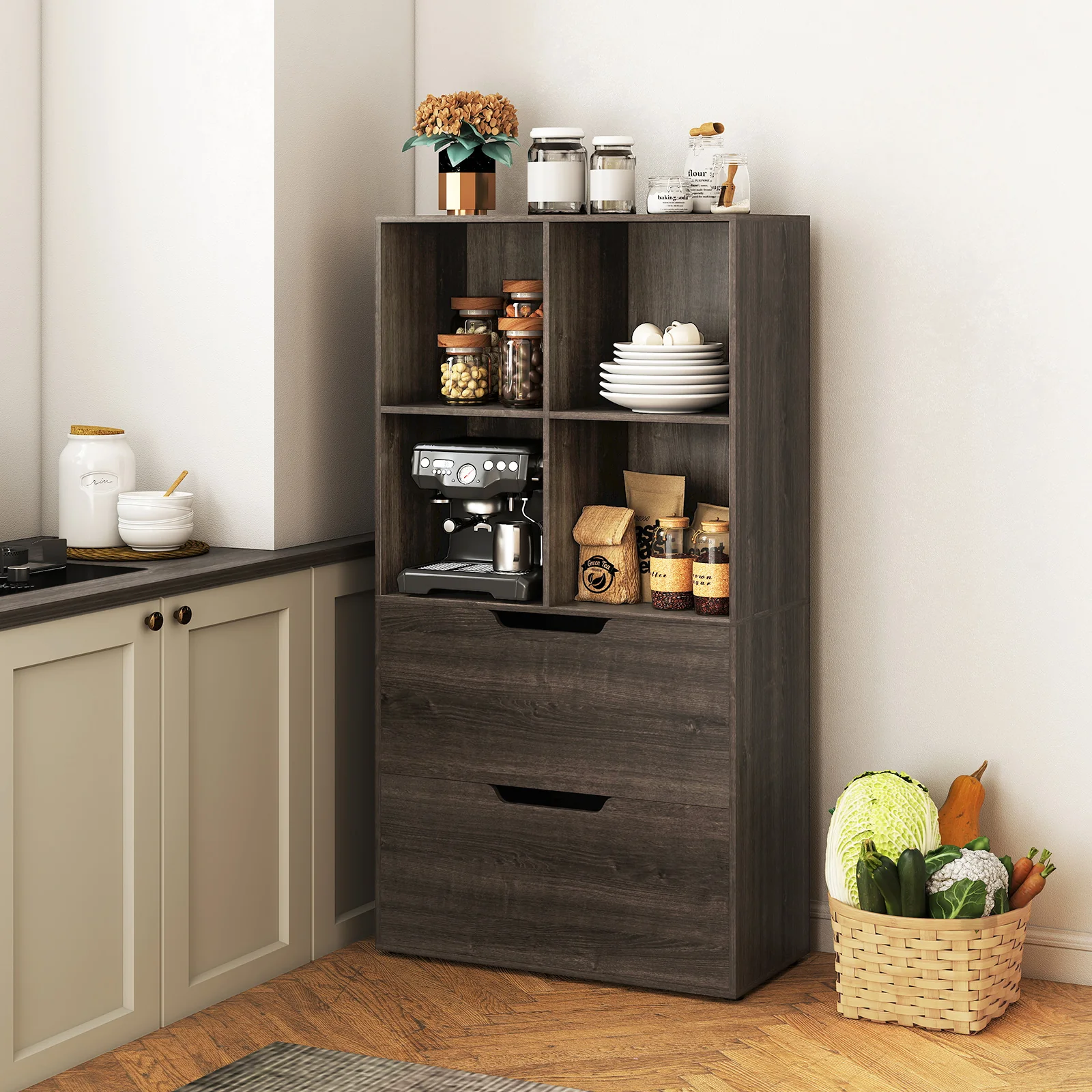 4-Cube Bookcase with 2 Drawers 51 inch 5-Tier Tall Freestanding Bookshelf, Gray - Image 7