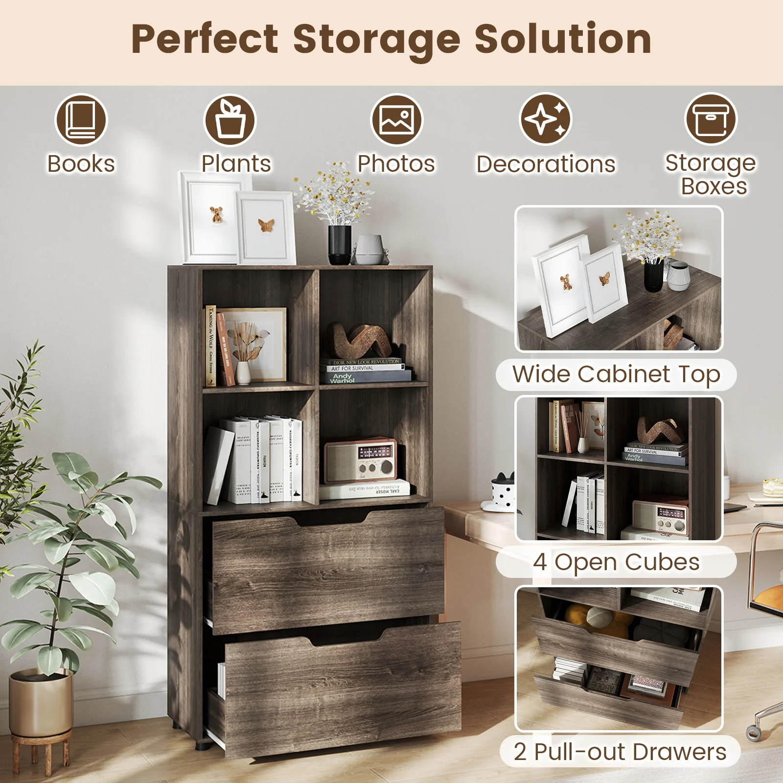 4-Cube Bookcase with 2 Drawers 51 inch 5-Tier Tall Freestanding Bookshelf, Gray - Image 9