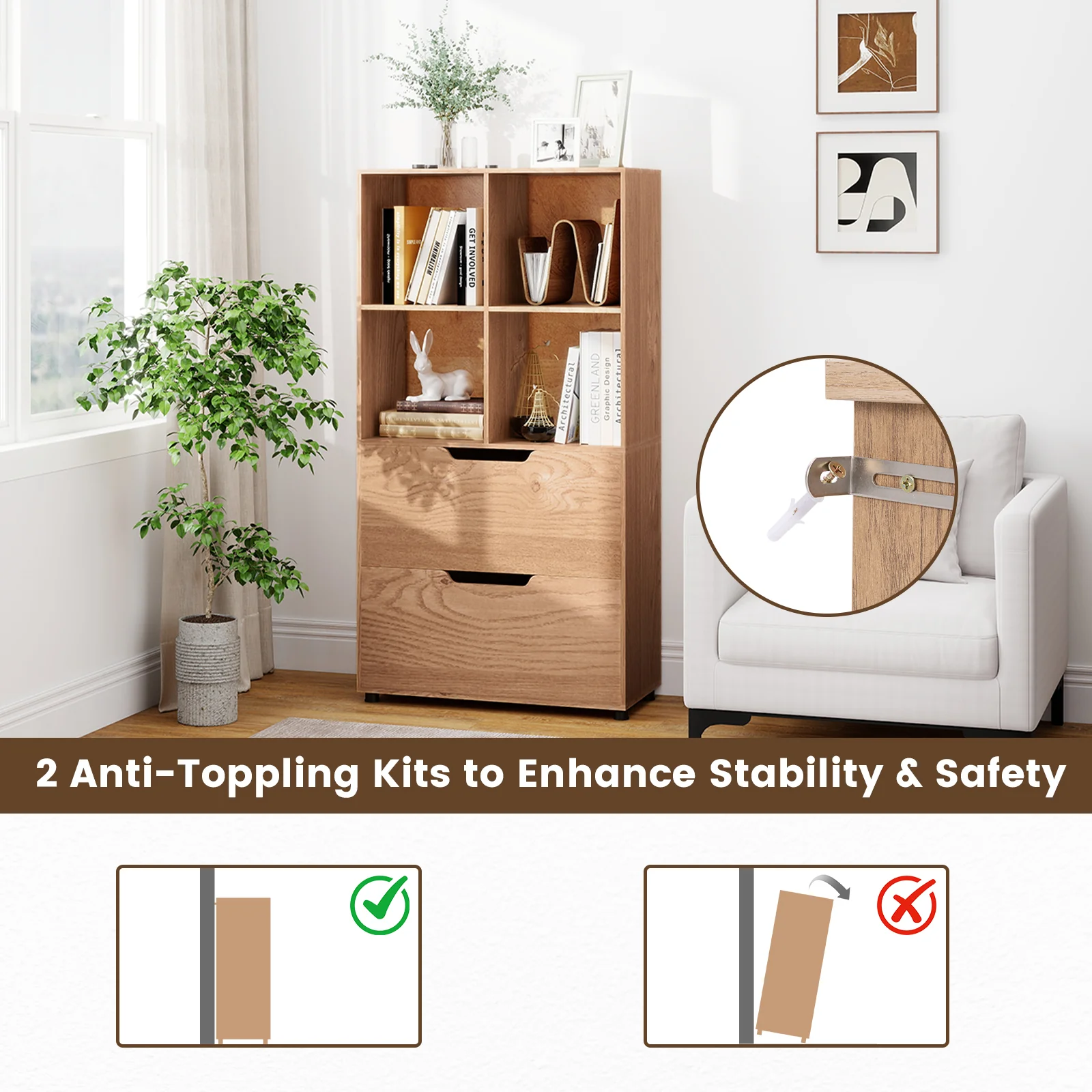 4-Cube Bookcase with 2 Drawers 51 inch 5-Tier Tall Freestanding Bookshelf, Natural - Image 10