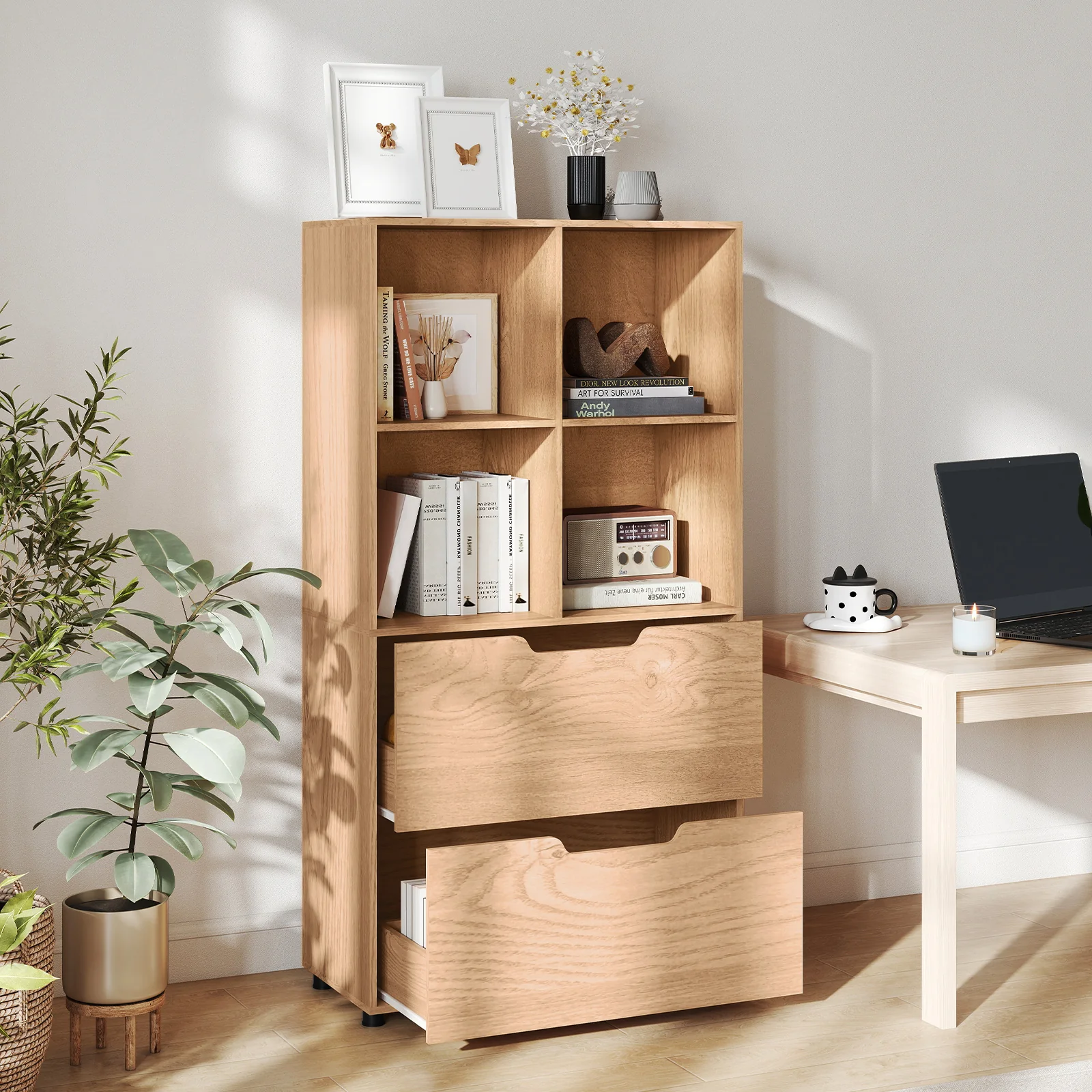4-Cube Bookcase with 2 Drawers 51 inch 5-Tier Tall Freestanding Bookshelf, Natural - Image 2
